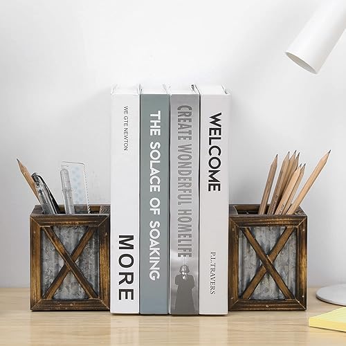 Miniatura 2 de MyGift Sujetalibros decorativos rústicos, extremos para libros para estantes con soporte para bolígrafos, para oficina en casa, aula, dormitorio,