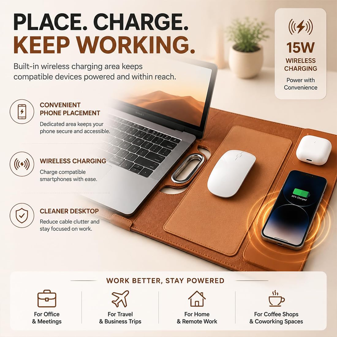 Nuova borsa per laptop premium con ricarica wireless, la custodia multifunzione mobile con caricabatterie multi-dispositivo integrato da 15 W per viaggi e lavoro