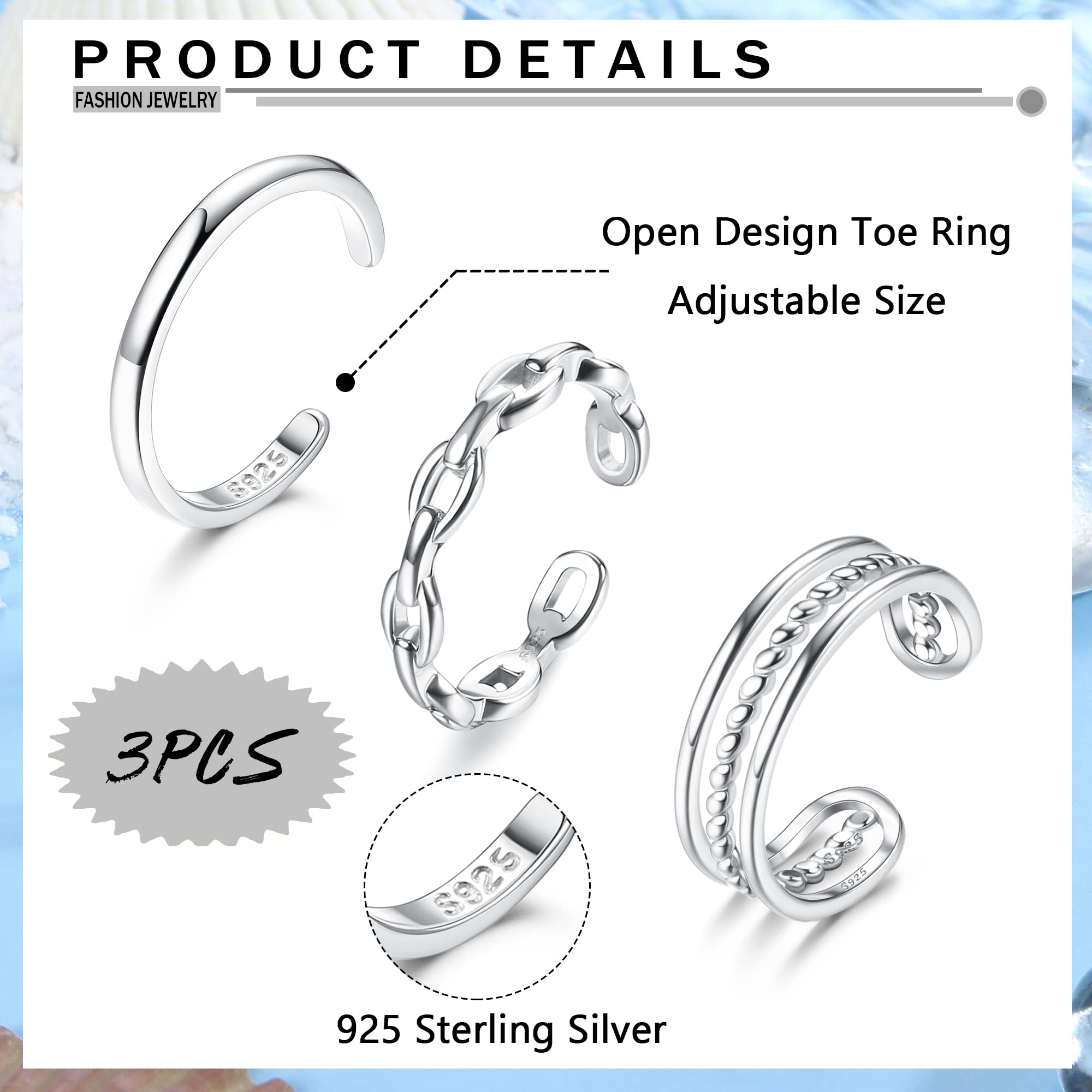 Florideco 3Pcs S925 Sterling Silver Toe Rings for Women Open Toe Rings Comfort-Fit Adjustable Toe Rings Celtic Knot Turquoise Finger Foot Jewelry Set