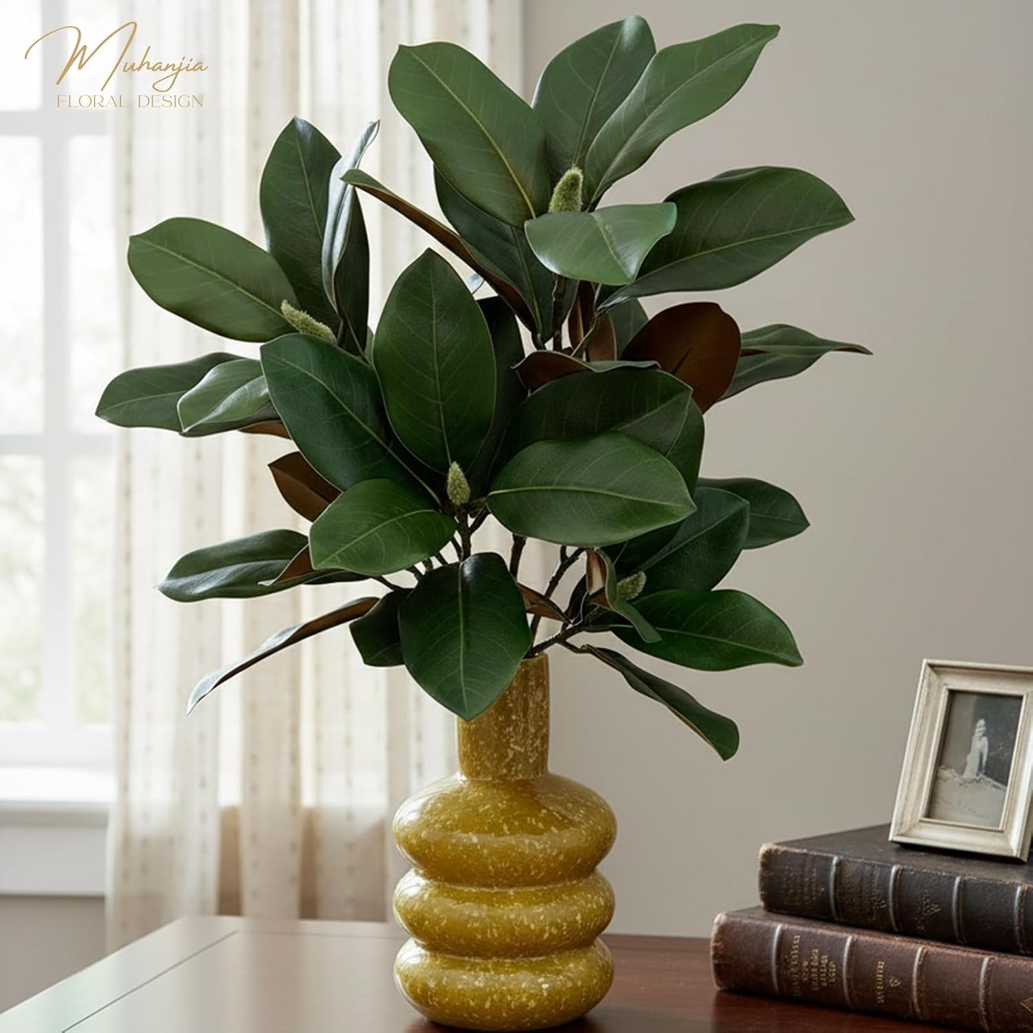 Muhanjia Artificial Magnolia Branches, Real Touch Faux Magnolia Stems with Fake Leaves for Vase, Realistic Tree Fork Branch for Home Decor, Farmhouse, Christmas, Garden, Apartment, Office (3, Green)