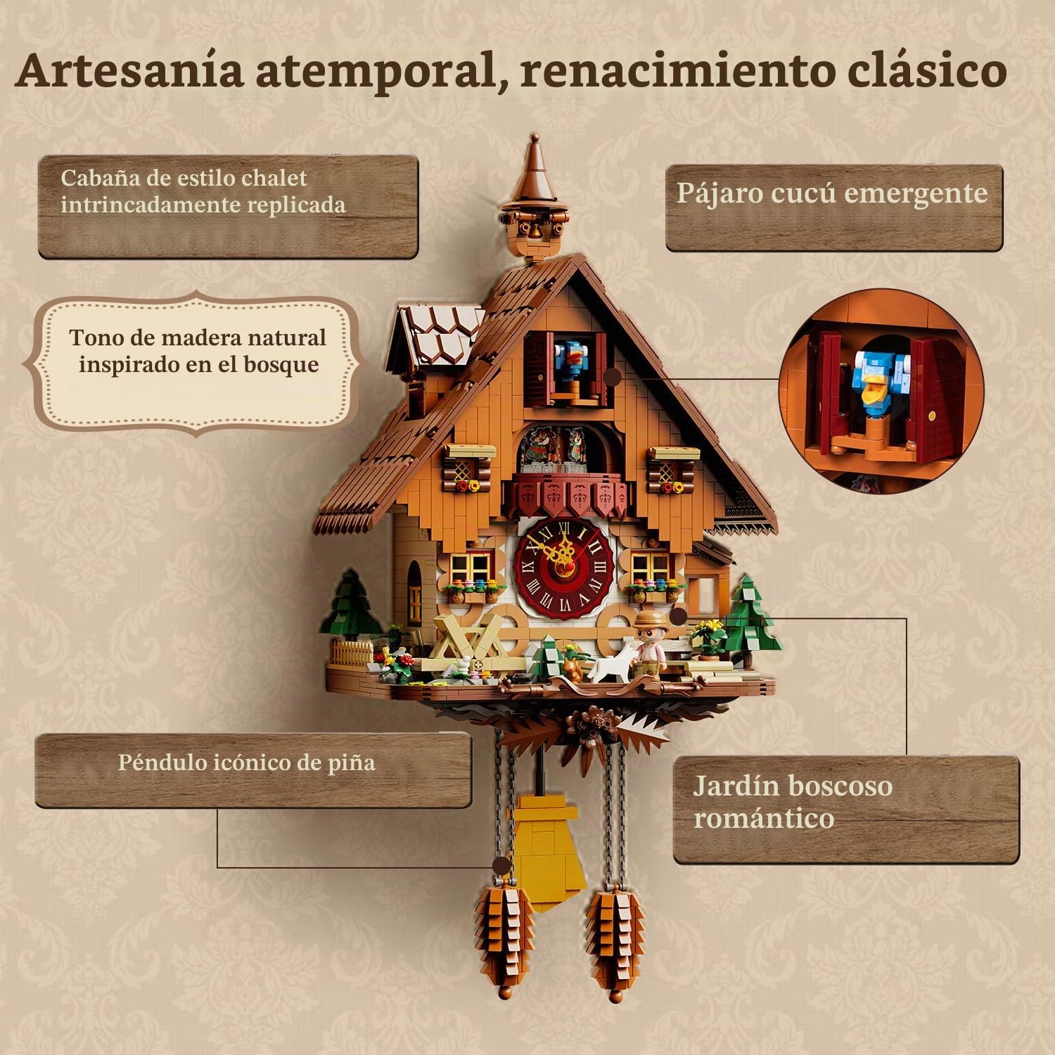 PANTASY Juego de bloques de reloj de cuco, diseño vintage chalet, reloj de pared mecánico con cuco motorizado, escenario giratorio y rueda de agua, perfecto para