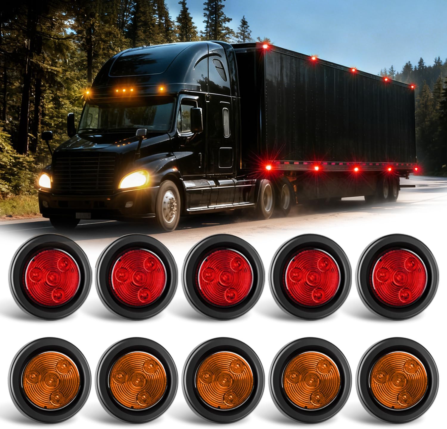 Nilight 10 PCS Round Side Marker Clearance Light 4 LED Flush Mount with Plug Grommet Pigtail Hardwired for Trailer Truck RV (Amber+Red)
