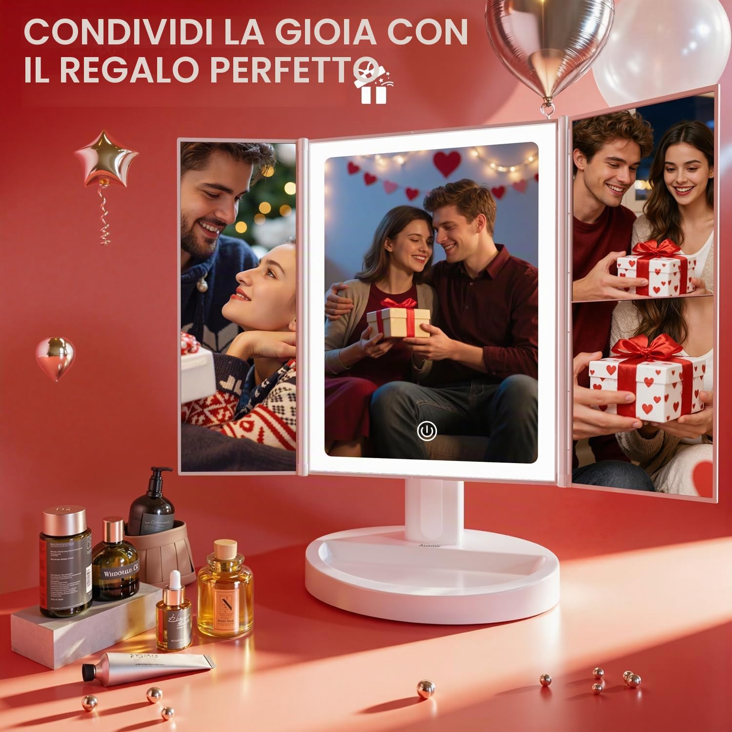 Auxmir Specchio Trucco con Luci Ricaricabile 2000mAh, Specchio Ingranditore 10X/5X/1X, Luminosità Regolabile, 3 Colori di Luce a 68pz LED, Ideale Regalo per Casa e Viaggio