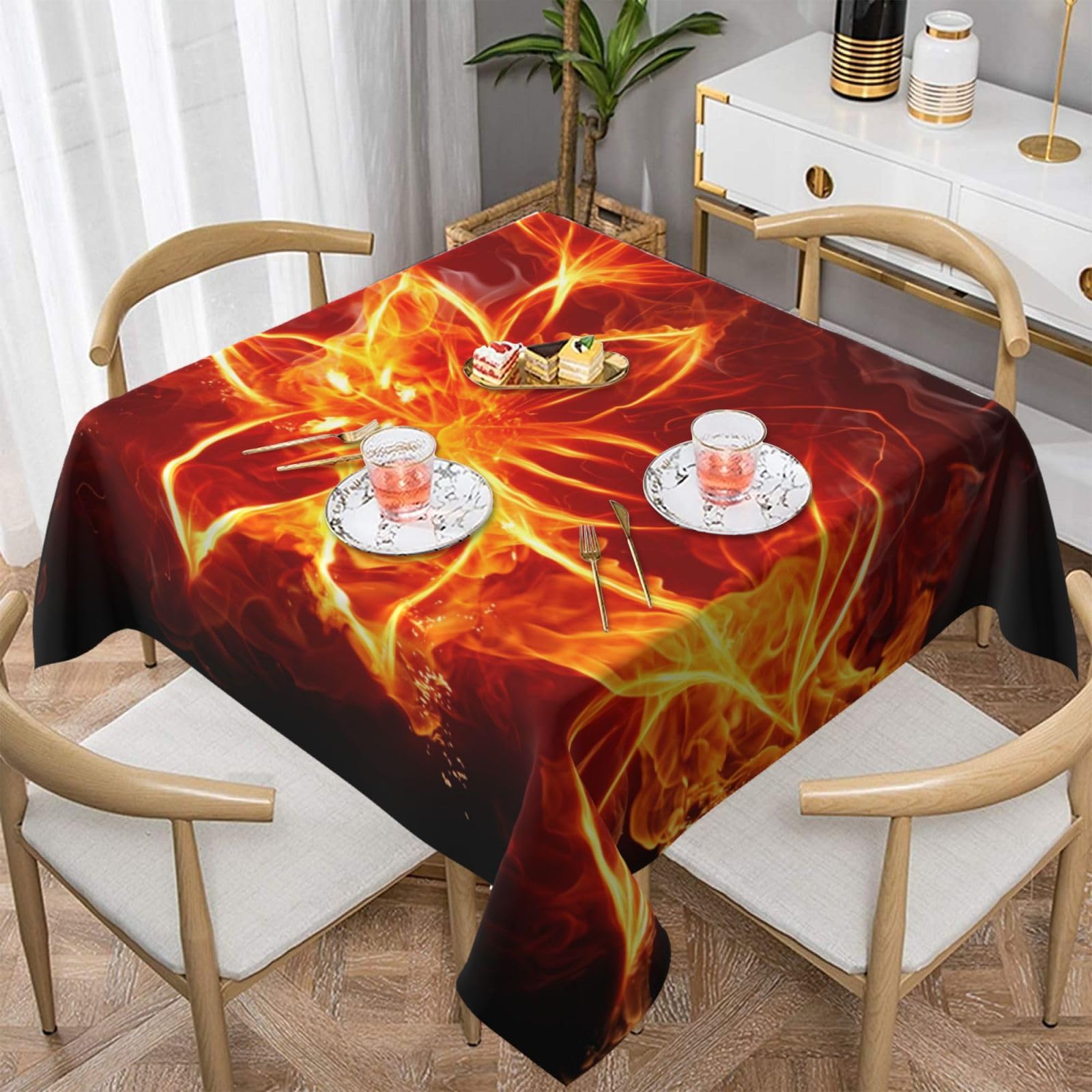 DCEHGEW Flaming Fire Flowers Prints Square Tablecloth 152x152 CM, Waterproof Fabric Table Cloth for Dining Table, Farmhouse Table Cover for Kitchen Dining Tabletop Decoration