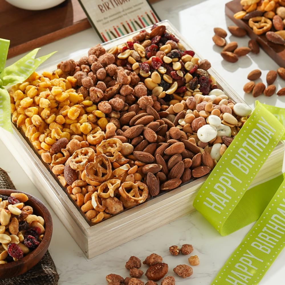 Broadway Basketeers Birthday Gift Basket – Premium Healthy Gourmet Nuts Gift Basket with Assorted Nut Tray - Happy Birthday Snacks for Men, Women, Adults, Colleagues or Office Celebrations, Kosher