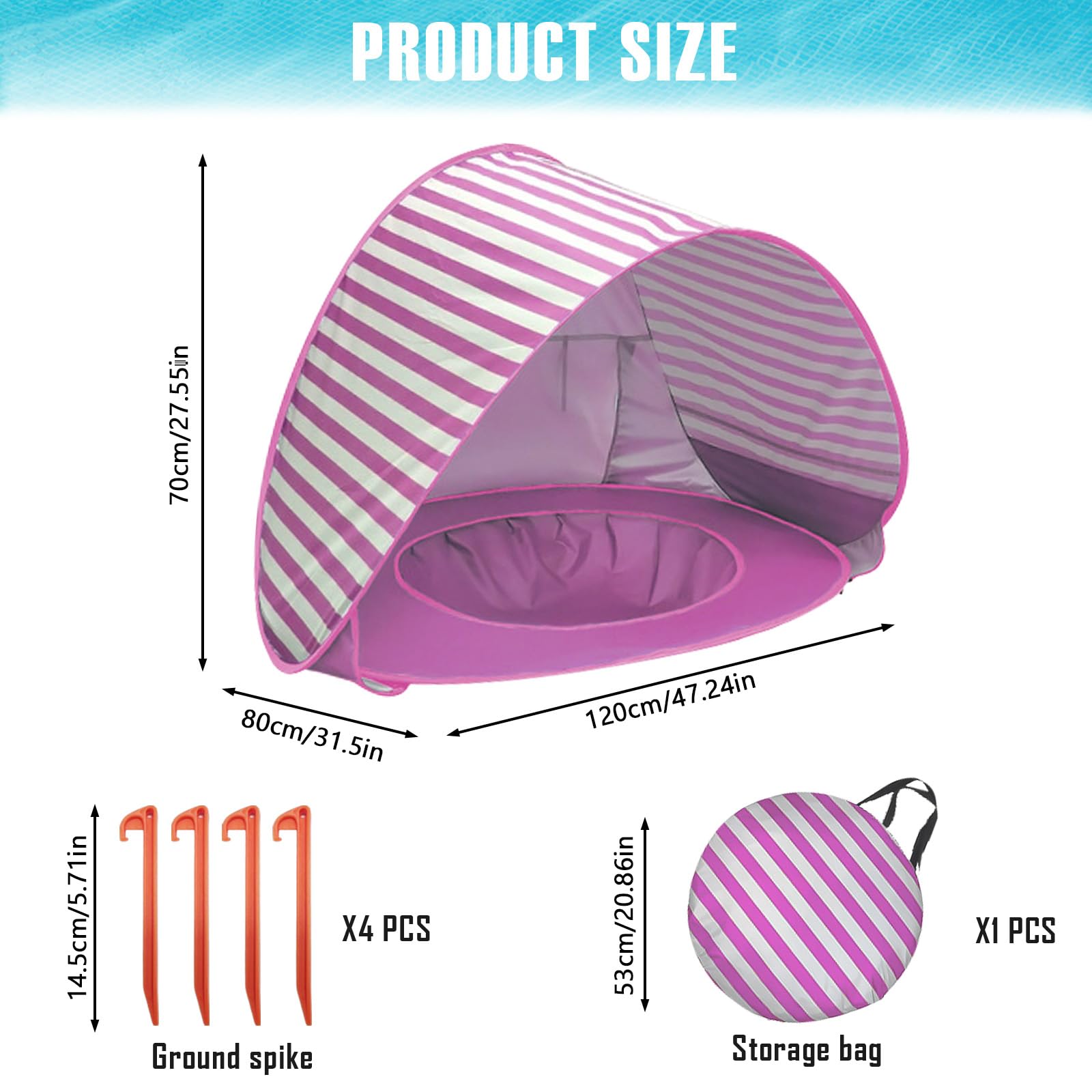 Refugio de playa para bebé con mini piscina, tienda de playa para bebé con protección UV, concha de playa portátil para niños, protección solar, tienda de playa para playa, jardín y viajes (rayas