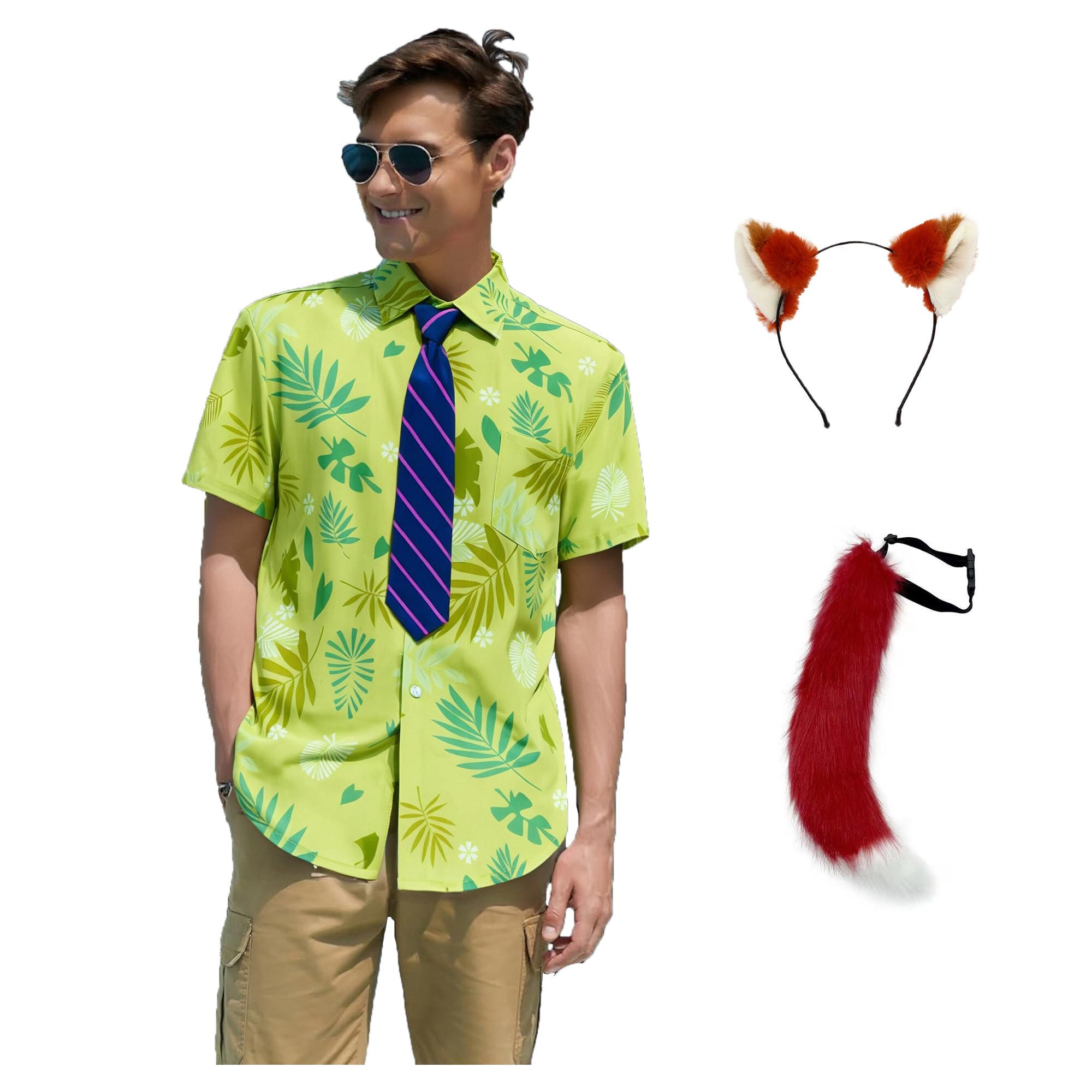 Men Nick Wilde Costume Shirt Tie Plush Ear Tail Hawaiian Printed T-Shirt Halloween Carnival Events Fox Outfit Green S