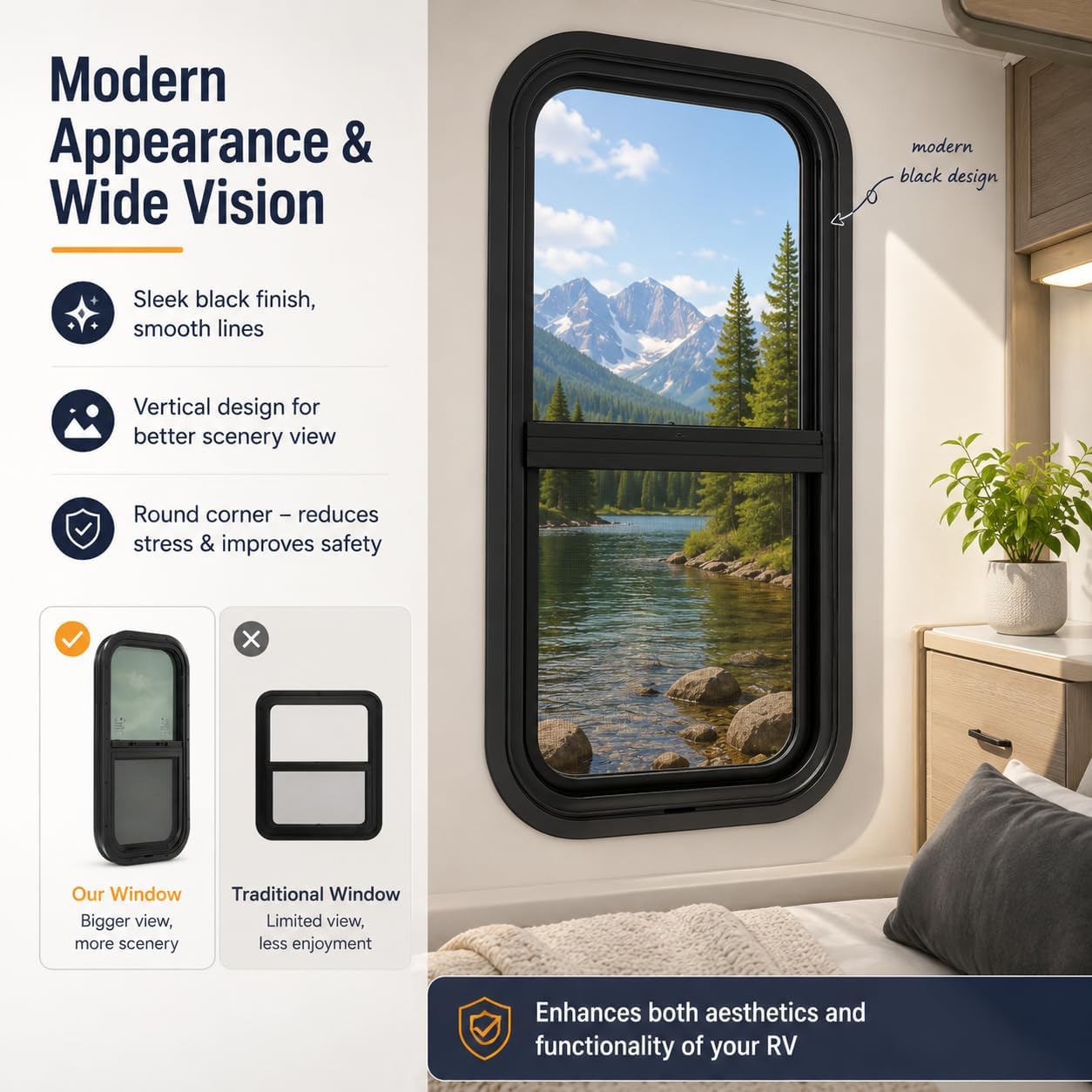 RV Windows, 12" W x 22" H Replacement Camper Windows, Tinted Sliding RV Side Window with Net Screen and Trim Ring, Fit for 1" or 1-1/2" Thickness Wall