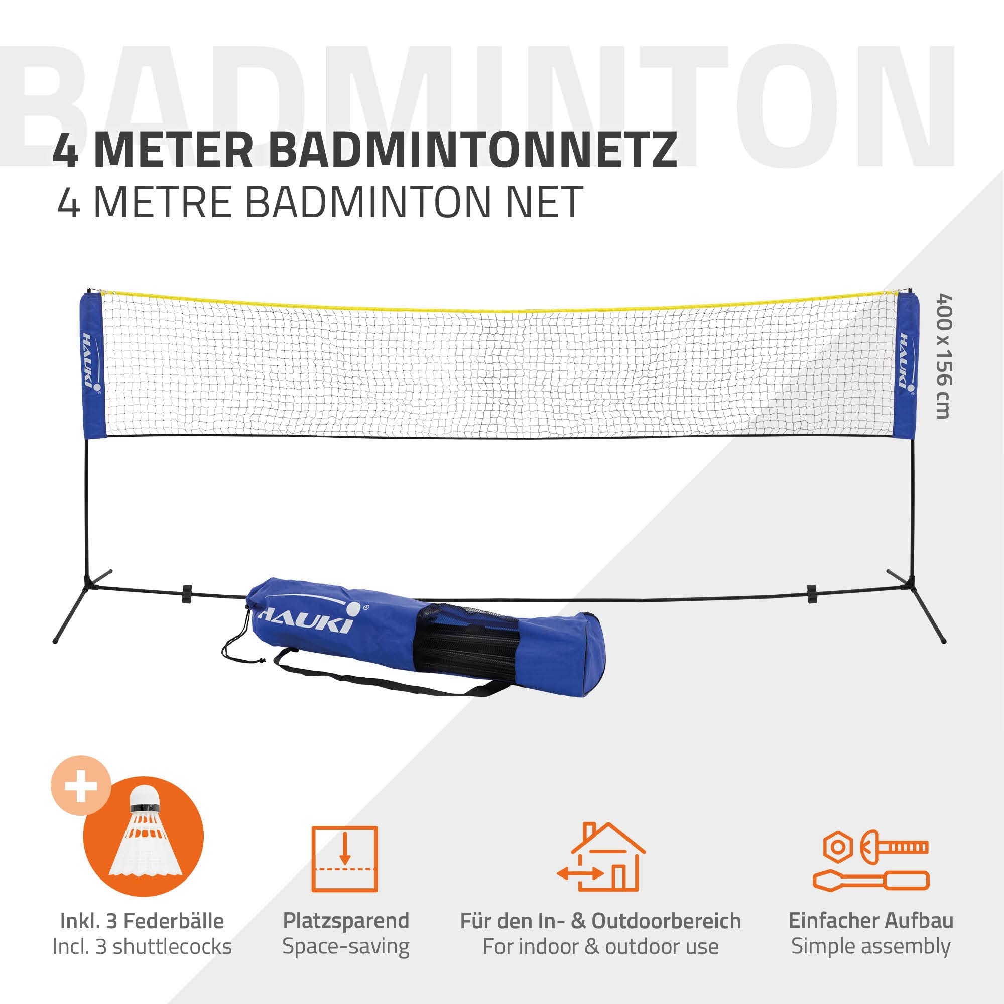 Hauki Badminton Netz, Tennisnetz 400cm/500 cm, Schwarz/Blau, H156 cm, Federballnetz Set, 3x Federball, Transporttasche, stabilem Eisen-Gestell, Tragbares Volleyballnetz, Trainingsnetz Indoor & Outdoor