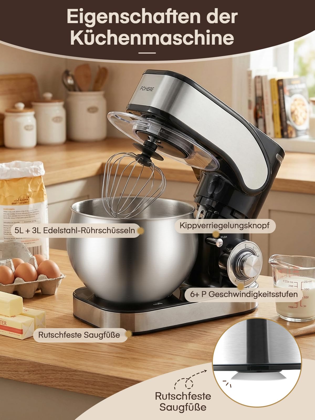 Küchenmaschine mit 5L + 3L Edelstahlschüsseln Dual-Schalen, Knetmaschine Mit Aufgewerteter Knethaken, 1300W Leistungsstarke Teigmaschine, 6+P Geschwindigkeiten, Knethaken, Rührbesen und Schneebesen
