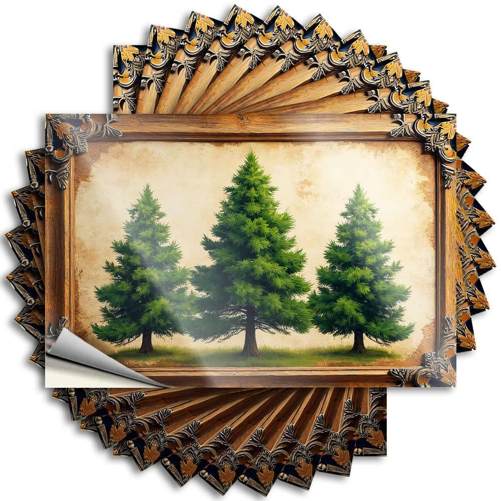 Three Tall Pine Trees in an Ornate Frame Tattoos Camper Accessories for Outside Self Adhesive | Small Hat Vinyl Sticker Pack for Friends(6X9CM)