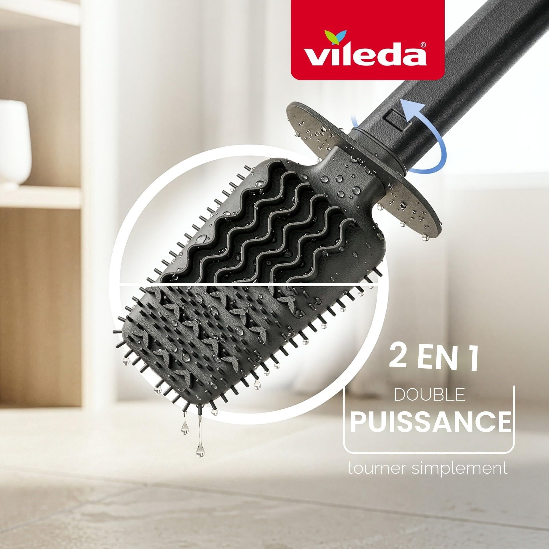 Vileda Brosse WC en Silicone avec tête Flexible et Manche en Acier Inoxydable - Brosse pour Toilettes à Zones de Nettoyage 2-en-1 - Hygiénique, Anti-odeurs, Inoxydable, séchage Rapide