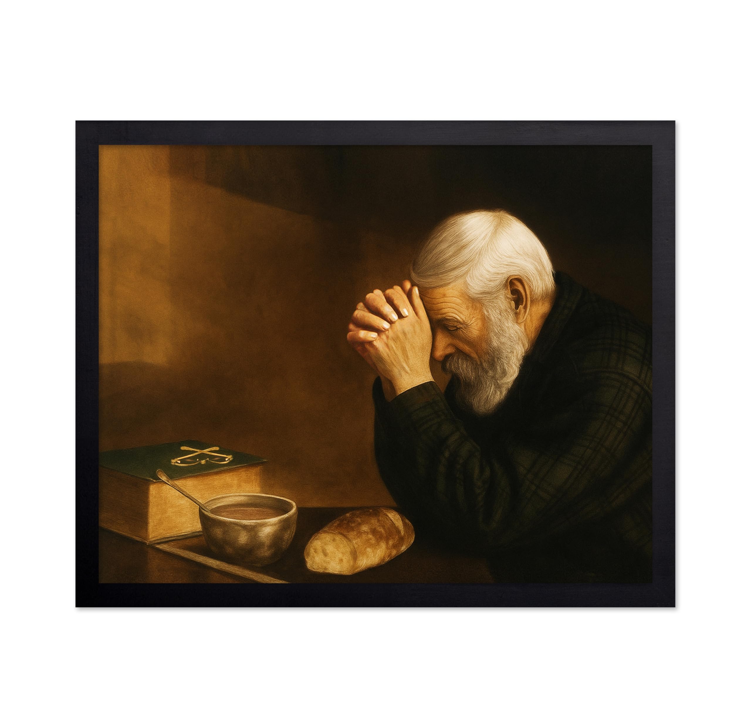 Poster Master Vintage Grace Painting Poster - Retro Man Praying Over Bread Print - Gratitude Art - Gift for Men, Women - Religious Decor for Living Room, Kitchen, Dining Room - 8x10 UNFRAMED Wall Art