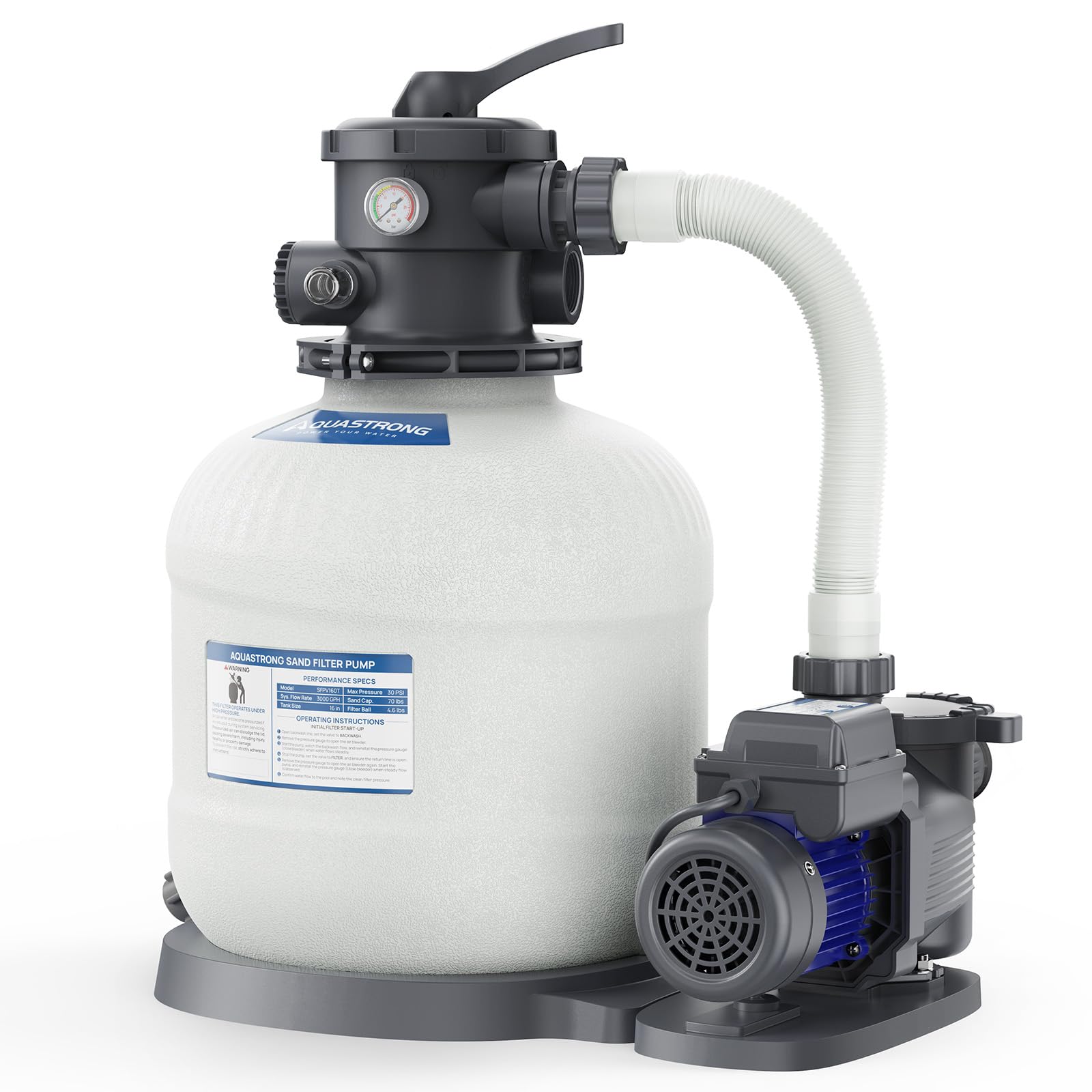 AQUASTRONG 16in Sand Filter Pump for Above Ground Pool with Timer, 3/4 HP Pool Pumps Above Ground 3800 GPH for Pools up to 16000 GAL, Pool Filter with 6-Way Valve, Improved Circulation and Filtration