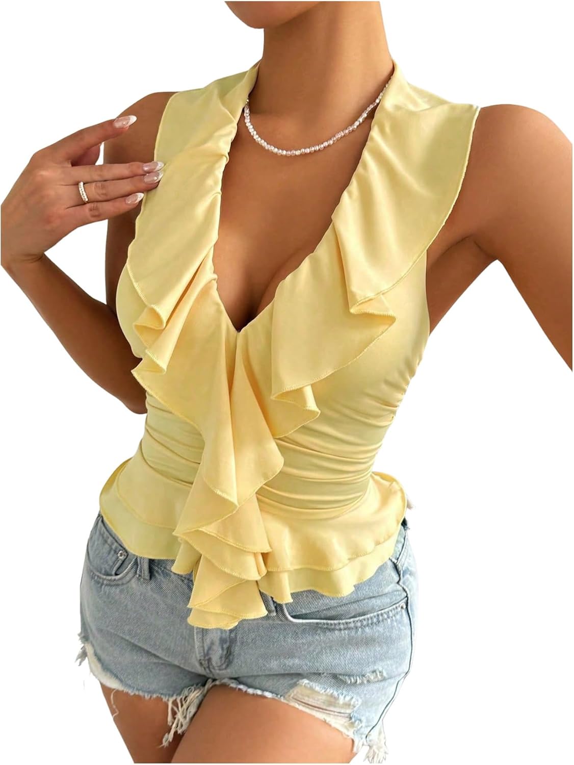 SOLY HUX Women's Ruffle Trim Deep V Halter Top Y2k Going Out Sleeveless Slim Fit Tank Shirts