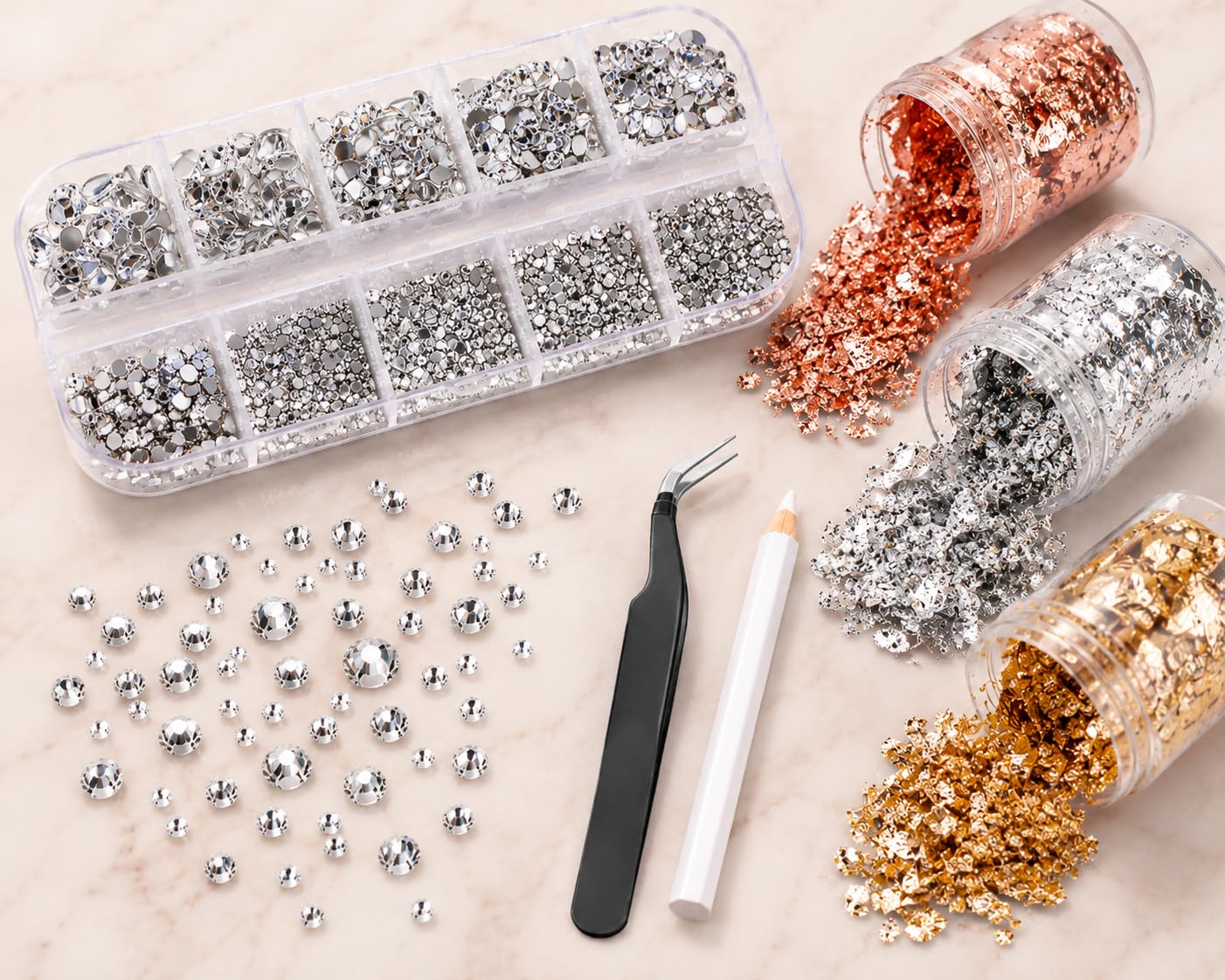Jubilant Premium Nail Art Decoration Kit – Flatback Rhinestones, Gold Silver Rose Gold Foil Flakes, Wax Pencil & Precision Tweezers-image-48