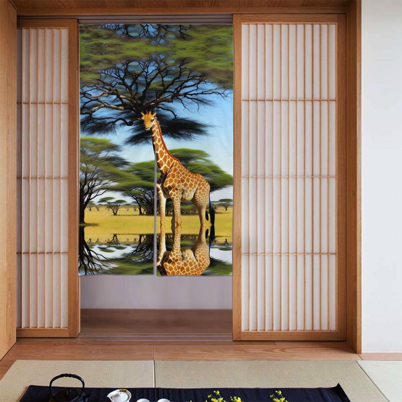 Rideaux occultants chambre motif girafe africaine et arbres 142x86 cm