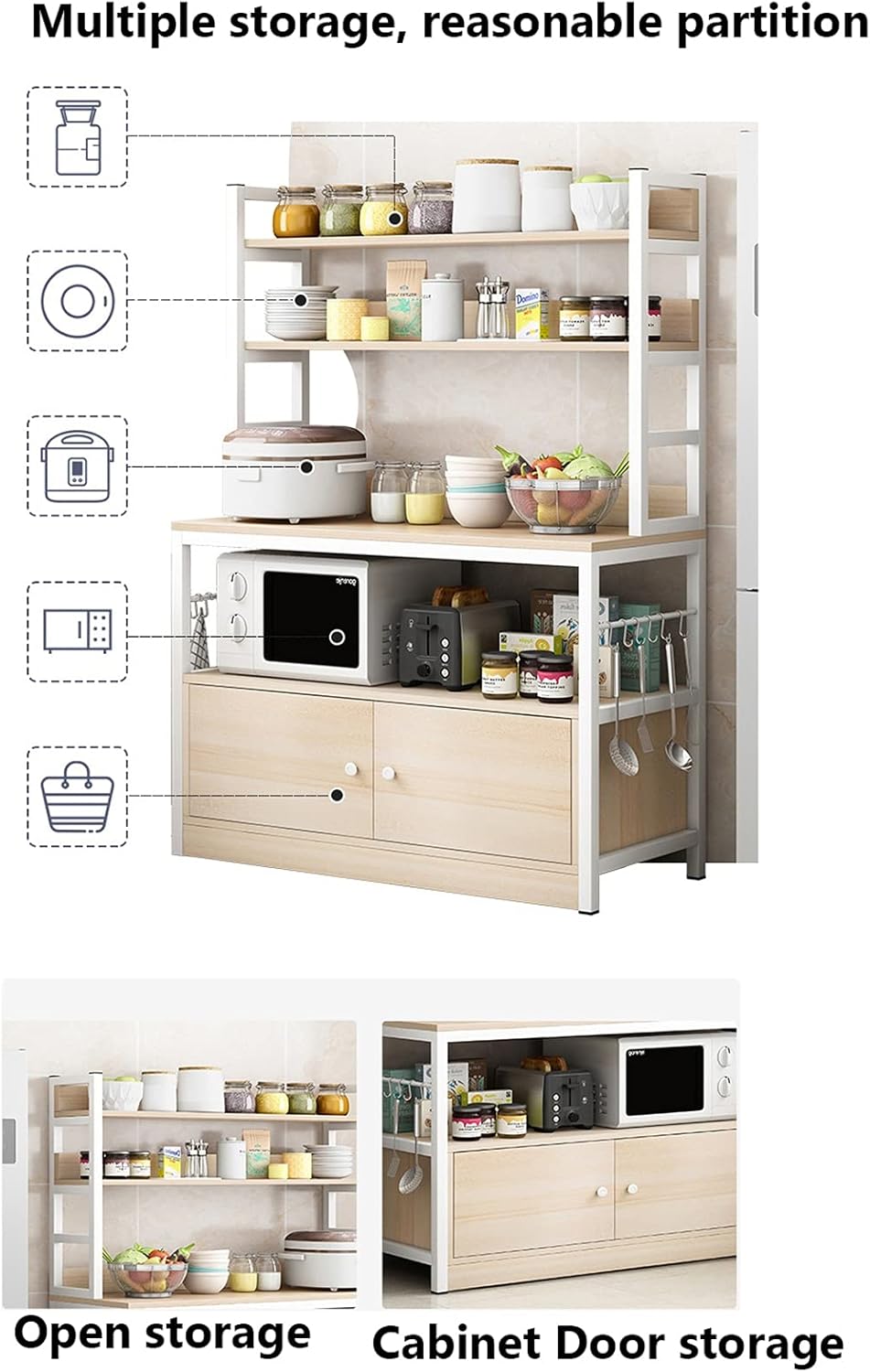 XIONGGG Microwave Oven Stand, 5 Tier Kitchen Utility Storage Shelf, Standing Baker's Racks, with 3 Doors, 12 Hooks, Multiuse Organizer Cabinet,100x 34x 158cm : Home & Kitchen