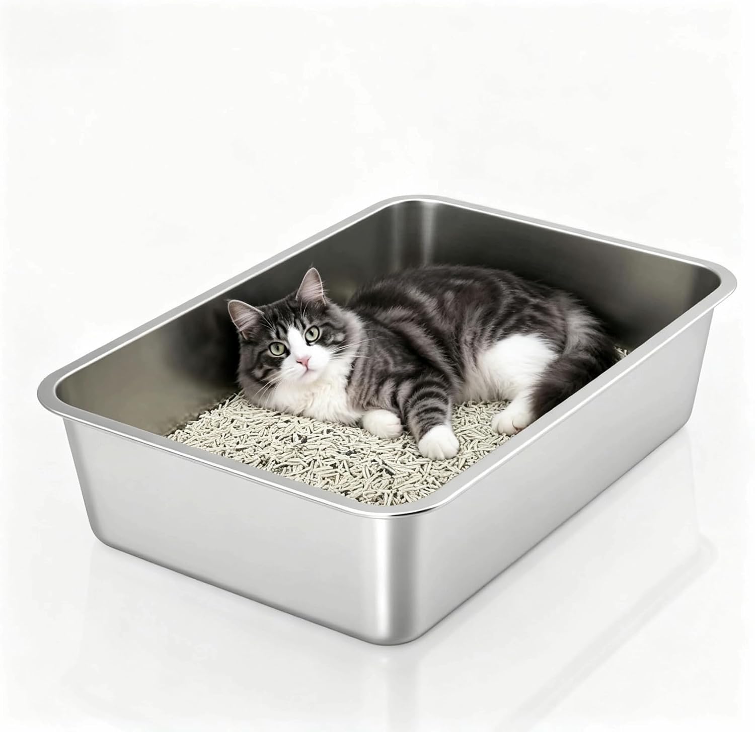Stainless Steel Litter Box Metal Cat Litter Pan Tray Large Kitty Litterbox for Big Cat, Multiple Cats, Easy Cleaning, Non-Sticky, Anti-Leakage, No Smell, 19.7" L x 13.8" W x 6" H