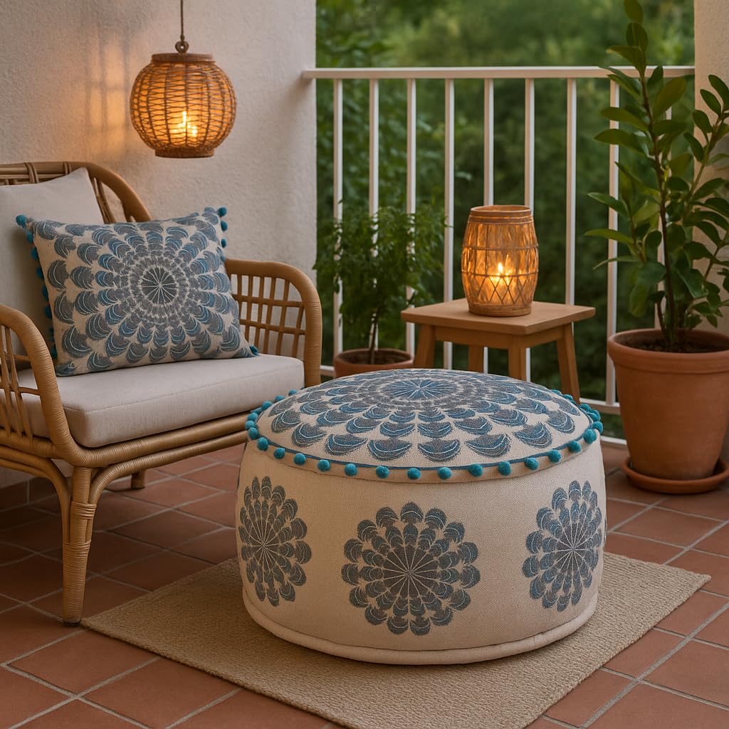 Boho Pouf Garet handgefertigt aus Baumwolle in Blau 50 cm handgemacht