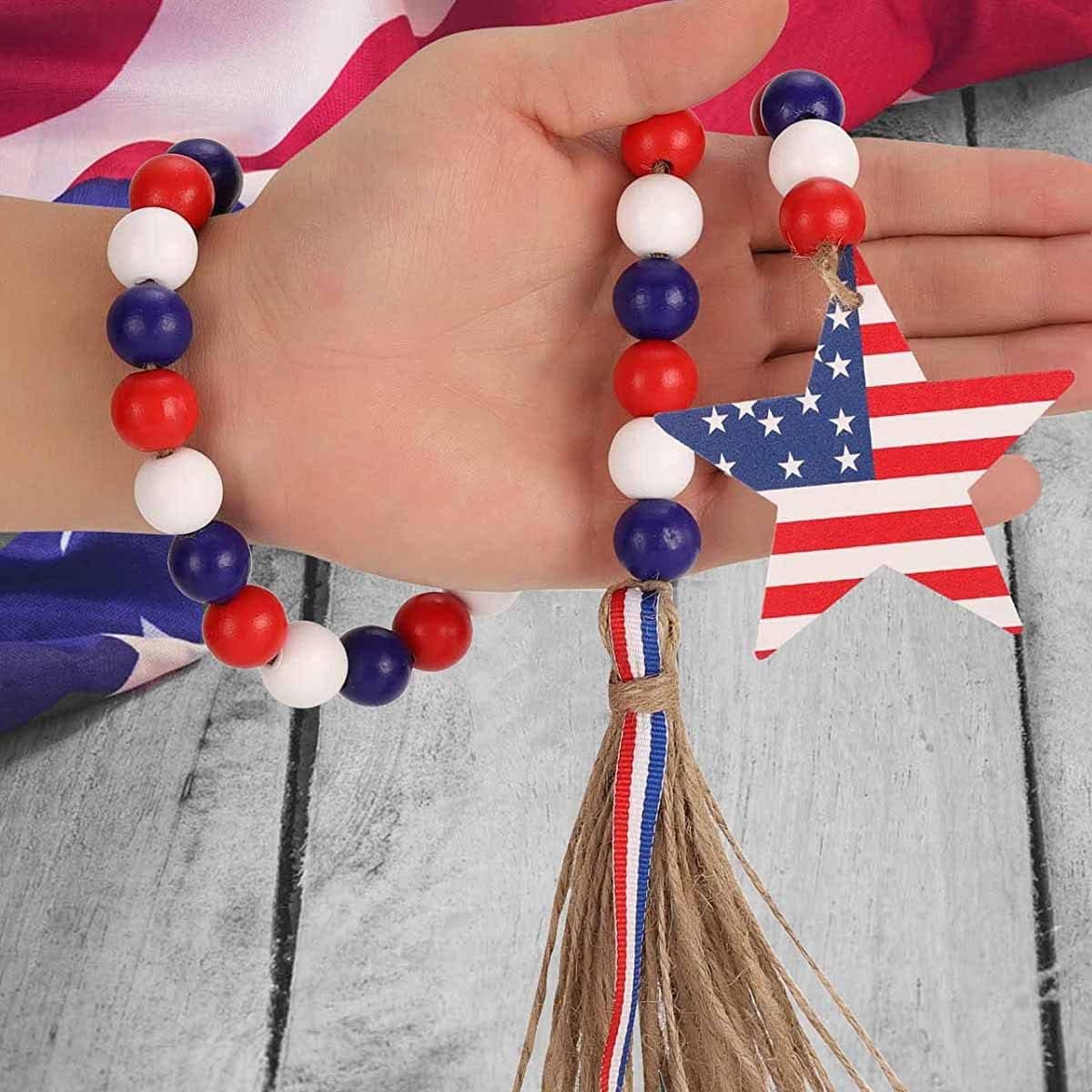 Independence Day Decorations Wood Bead Garland, 4th of July Memorial Day Decor American Flag Pendant Tassel for Farmhouse Wall Rosary Decoration