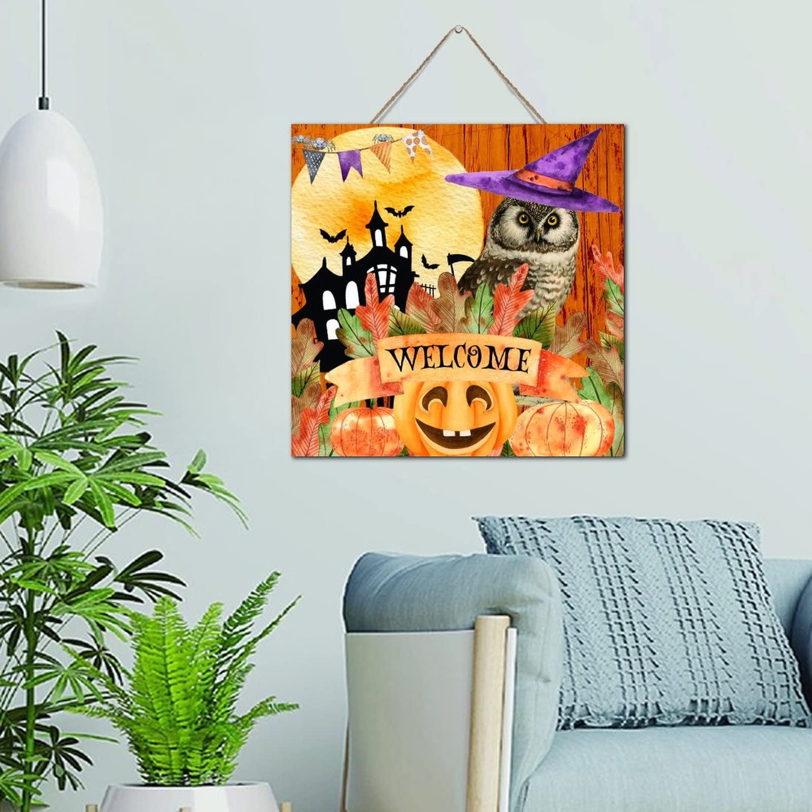 Décoration Welcome Halloween en bois au design rétro soigné