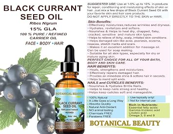 Botanical Beauty BLACK CURRANT SEED OIL. 100% Pure Natural Undiluted Refined Cold Pressed Carrier Oil for Skin, Hair, Lip and Nail Care (0.5 Fl Oz)