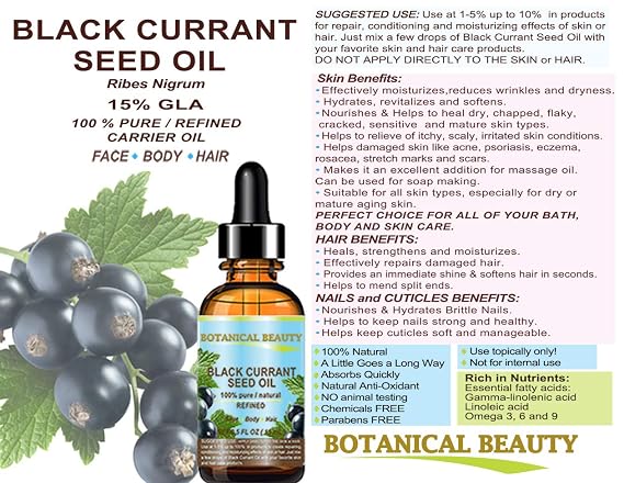 Botanical Beauty BLACK CURRANT SEED OIL. 100% Pure Natural Undiluted Refined Cold Pressed Carrier Oil for Skin, Hair, Lip and Nail Care (0.5 Fl Oz)