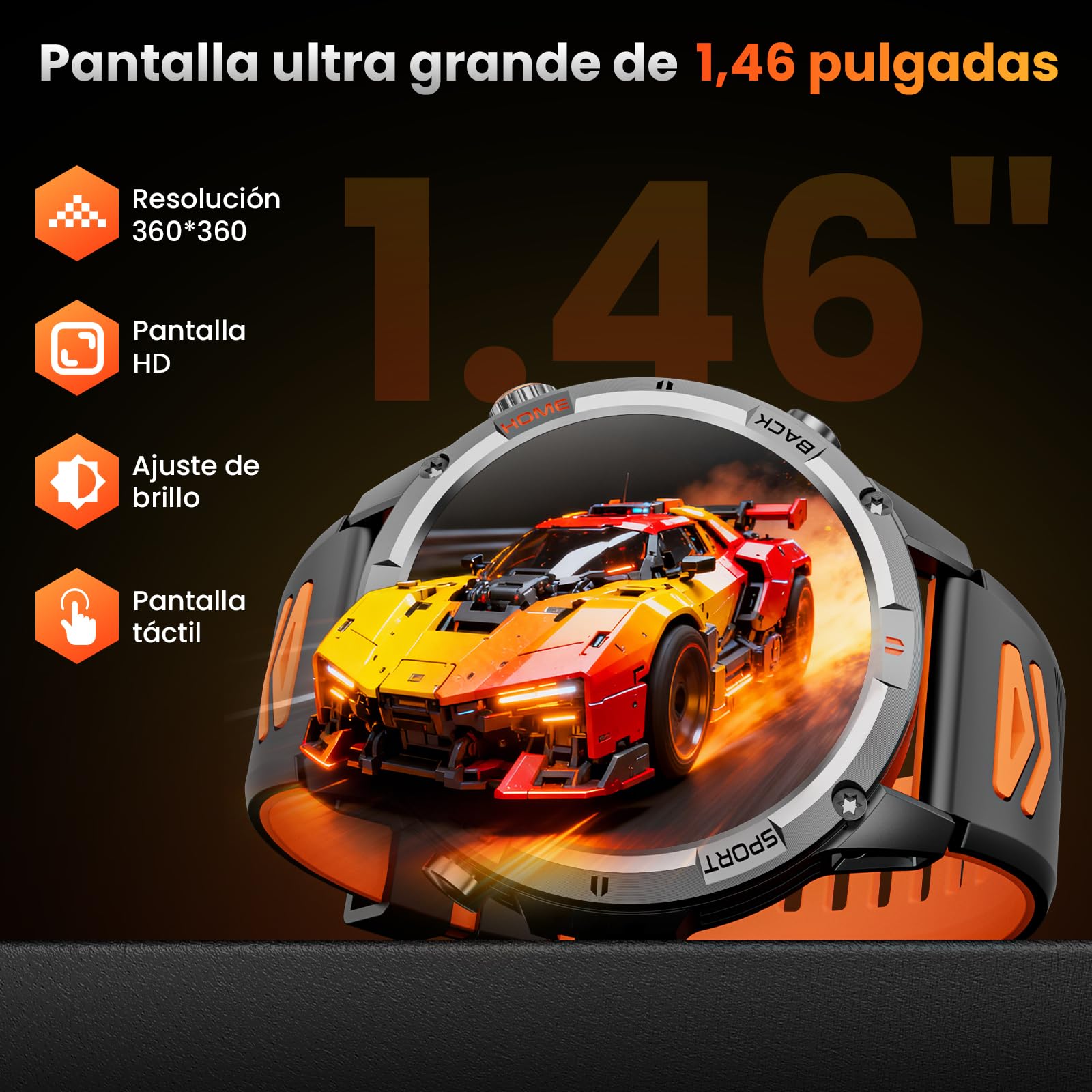 Reloj Inteligente Hombre Militar, 1,46" HD Smartwatch GPS con Linterna Led, Brújula, 100+ Modos Deportivos Smart Watch, Monitoreo de Salud 24/7, Llamadas Bluetooth