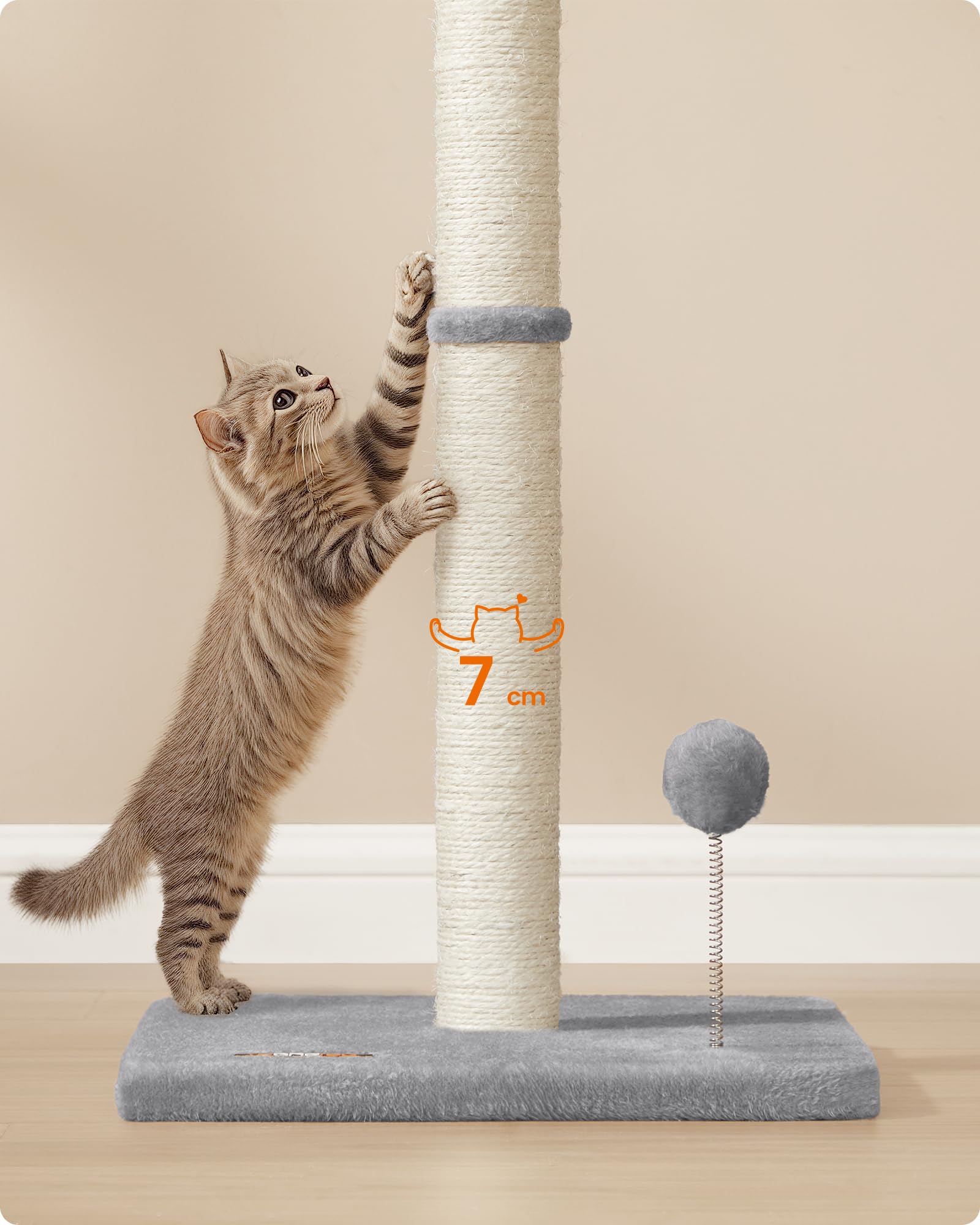 Feandrea Griffoir, 85 cm de haut, colonne à gratter, arbre à chat, tronc à gratter pour chatons et chats adultes normaux, tronc en sisal, avec balle en peluche et cloche, gris pigeon PCA040G01