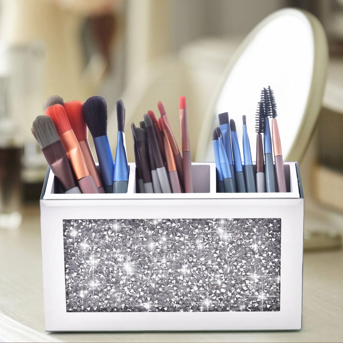 Make-up Pinselhalter 3 Fächer Spiegel Glas Organizer Kosmetik Aufbewahrung Silber für Schminktisch