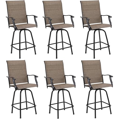PHI VILLA Outoor Swivel Bar Stools with Armrest and Backrest, 30" Seat Height High Top Bar Height Patio Chairs with Brown Textilene Fabric, Set of 6