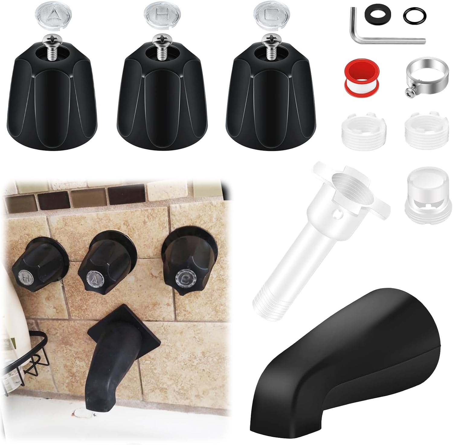 Tub Shower Trim Kit – 3 Piece Shower Knob (No Flange Base) with 4-in-1 Tub Spout Adapter – Compatible with Pfister Verve & 3-Handle Bathtub Faucets – Fits 1/2" & 3/4" IPS Connections