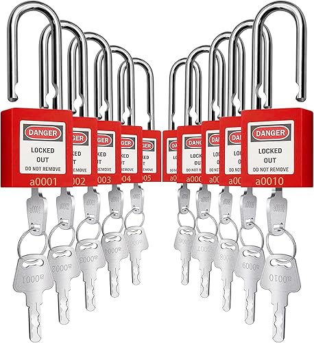 Vista 22 de SAFBY Loto - Candados seguros con 10 llaves para estaciones y dispositivos de bloqueo (amarillo, clave diferente)