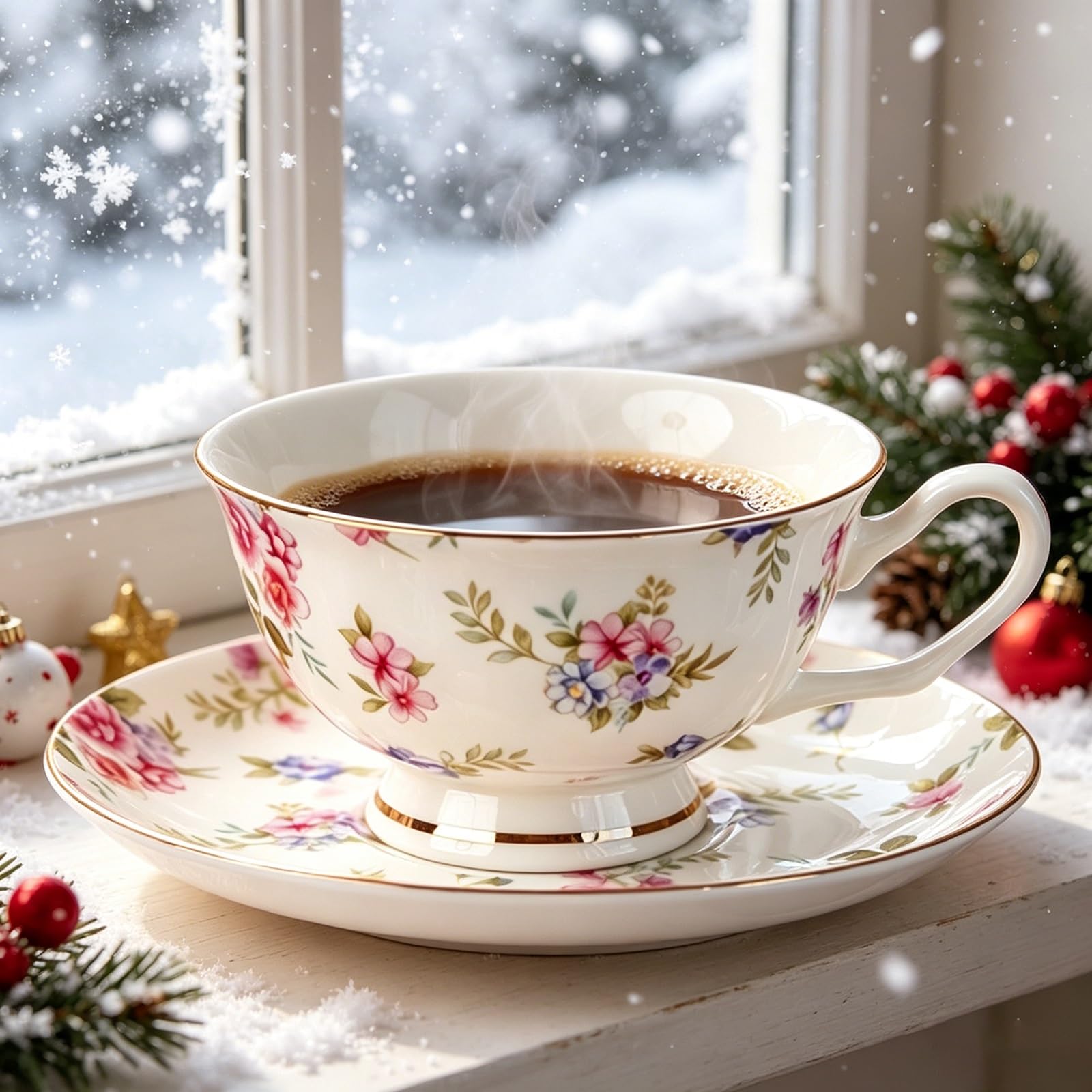Zestaw filiżanek i spodków z porcelany kostnej | Zestaw filiżanek i spodków z porcelany kostnej w kwiaty do herbaty i kawy