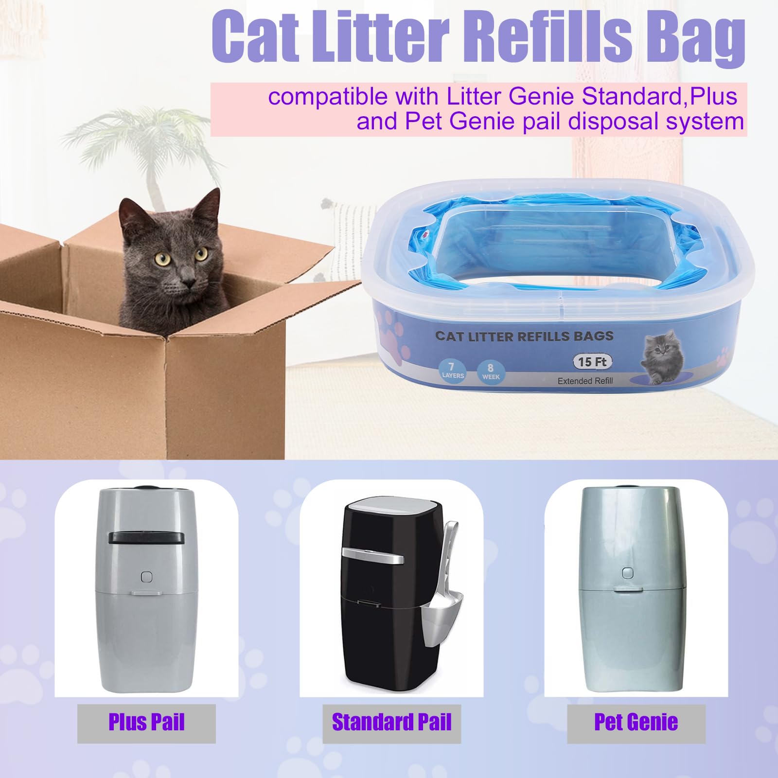 Recambios Cubos de Pañales，compatibles Litter Genie Standard, Plus,XL,Style,Bolsas de recambio para arena para gatos,Super control de olores，Azul （10 Piezas)