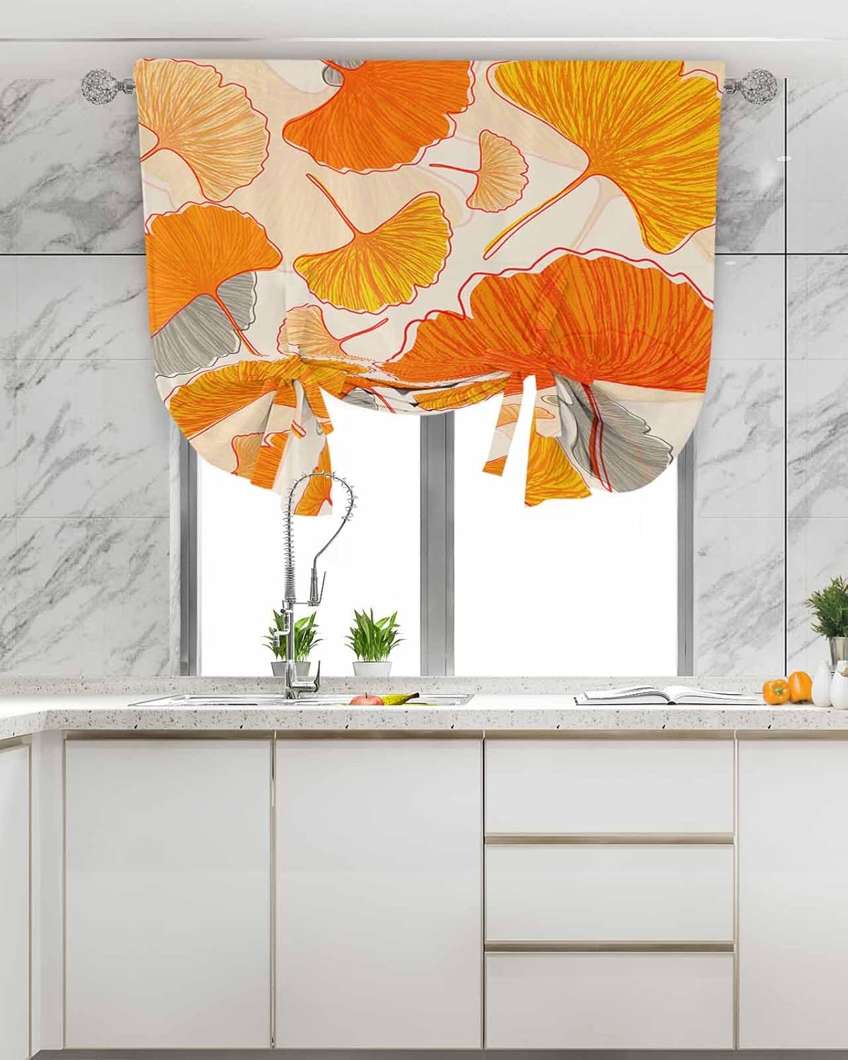 Tie Up Valance Curtain for Kitchen Windows, Autumn Orange Ginkgo Biloba Plant Leaves Adjustable Rod Pocket Curtains, Window Treatments Valance Drapes for Bedroom Bathroom,42x45in