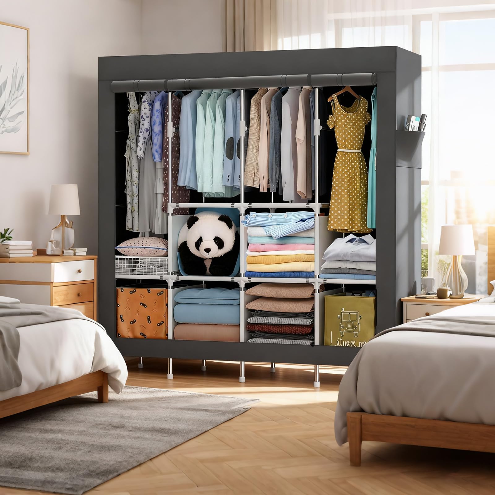 Armario portátil de tela, armario estable para colgar para dormitorio, perchero de metal con funda de tela Oxford, 165 x 170 x 45 cm