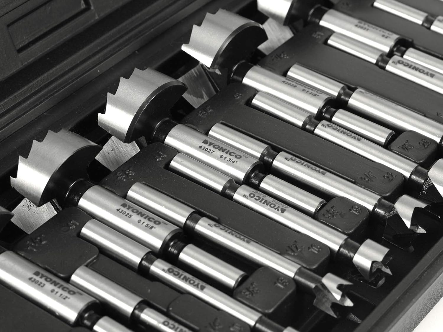 YONICO 41160S Forstner Drill Bit Set 16 Piece with Case 3/8-Inch Shank Hardwood and Softwood Hole Drilling for Handheld Drill and Drill Press