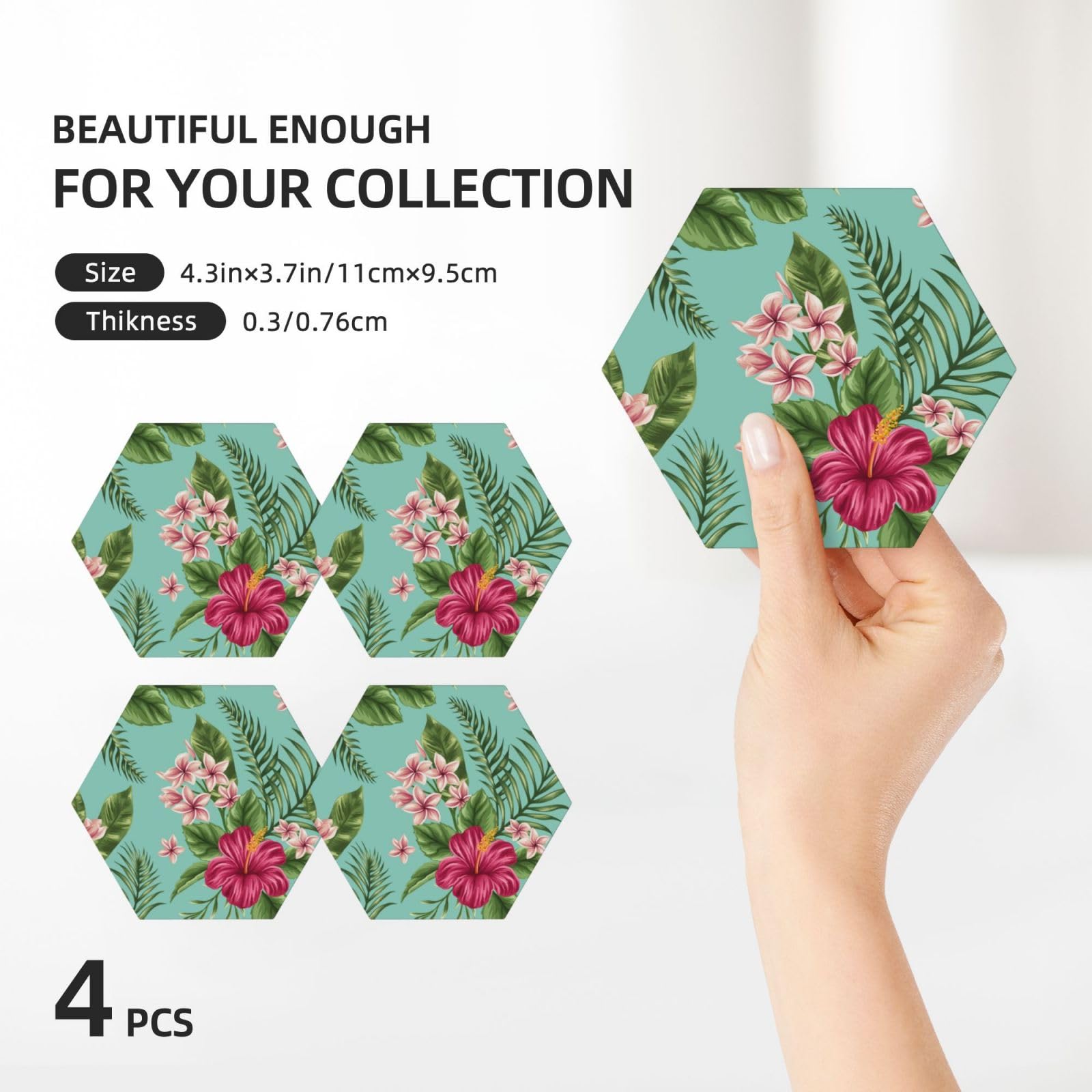 Lot de 4 dessous de verre décoratifs en céramique Motif feuilles tropicales hawaïennes