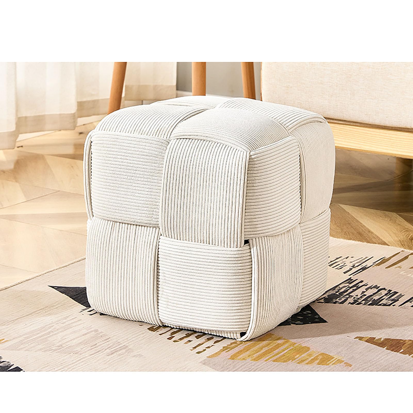 Pouf Cube Tissé Blanc pour Rompre le Manque d'Assises de Salon