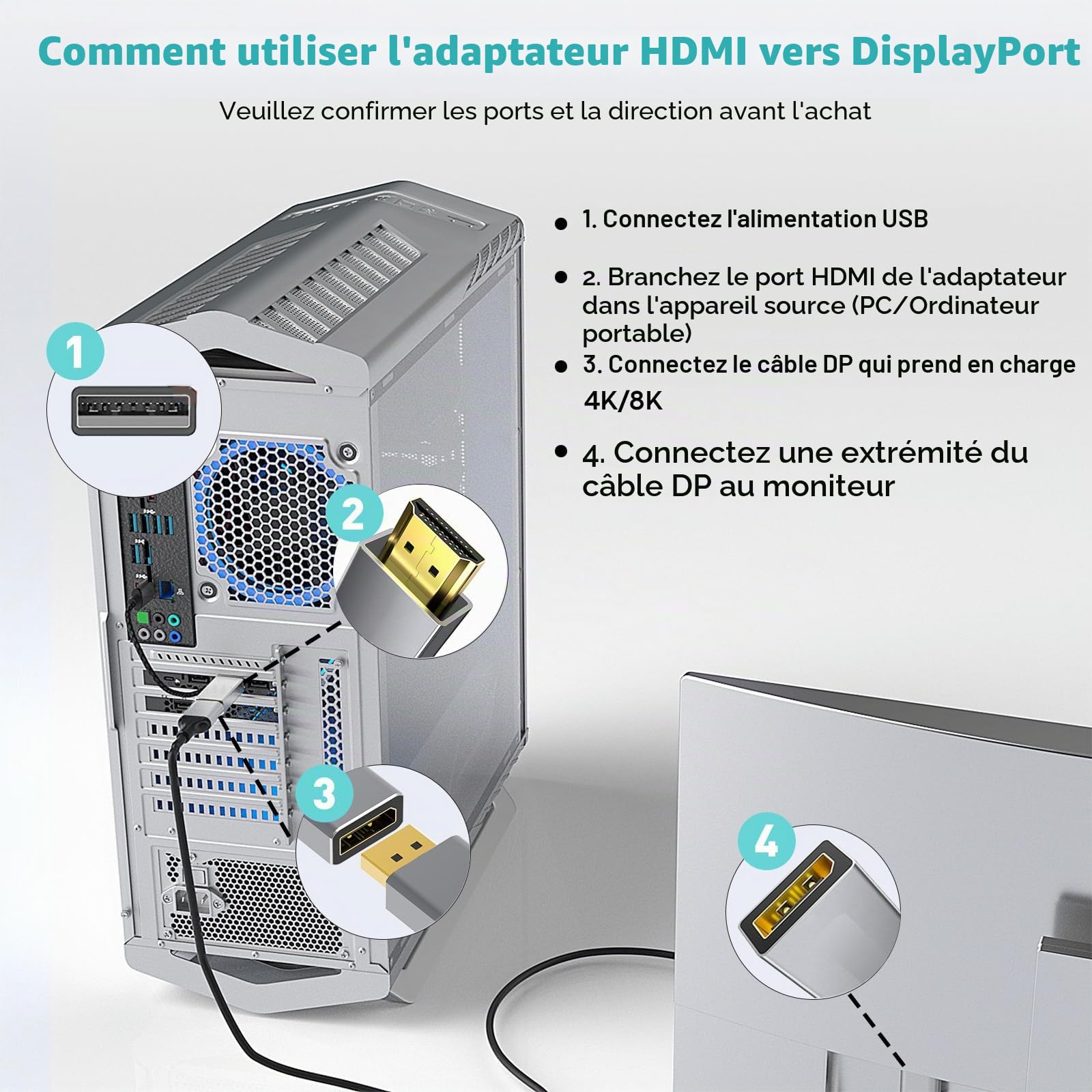 UANTIN Adaptateur HDMI vers DisplayPort (4K 60Hz, 1080p 120Hz) Convertisseur unidirectionnel HDMI mâle vers DP femelle [Pack de 2] pour moniteur compatible avec GPU, ordinateur portable, AMD, NVIDIA