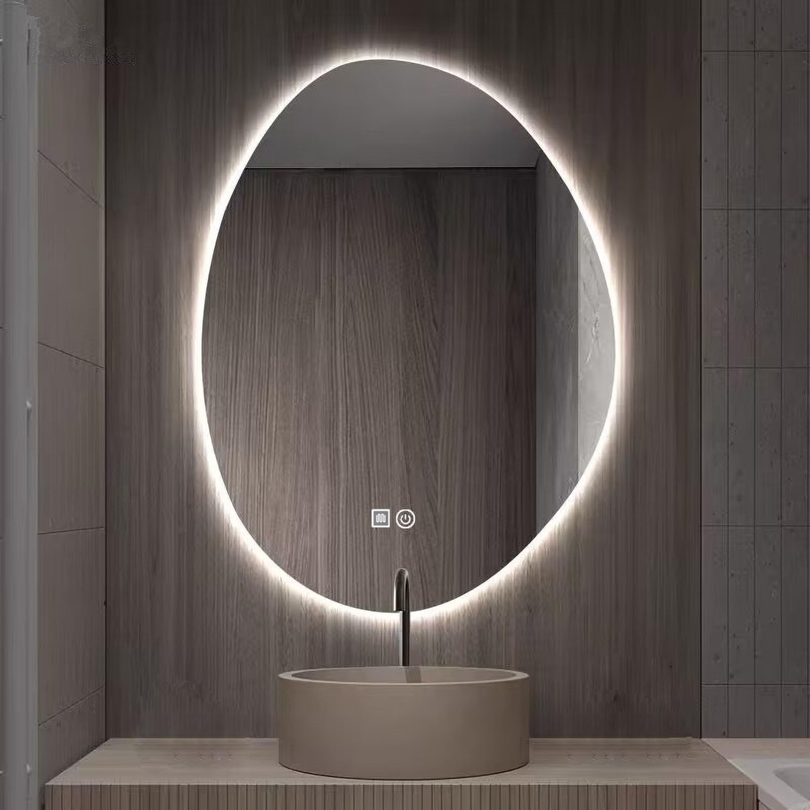 WJFTODAY Large Backlit Oval LED Bathroom Mirror - 3 Color Light, Anti-Fog, Irregular Design, Wall Mounted Vanity Mirror (60x80cm) for Makeup & Grooming