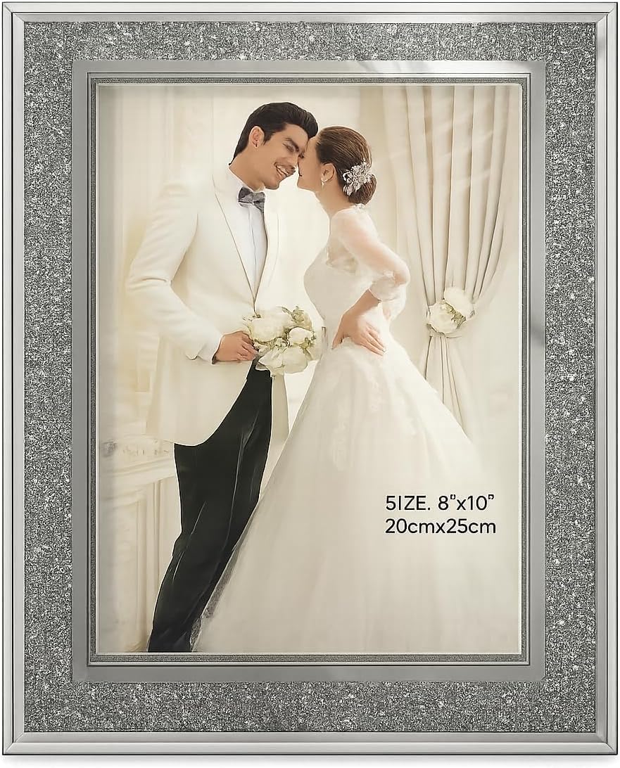 SEGOY Crushed Crystals Photo Frame Silver Mirrored Crushed Jewel Crystal Diamante Picture Frame (8x10 inch)