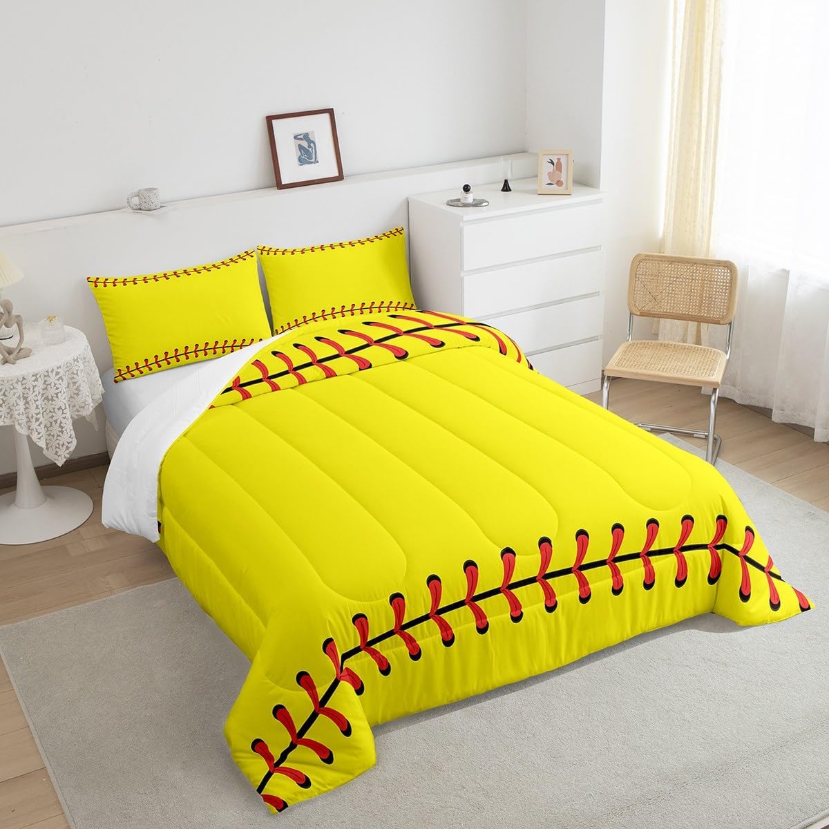 Feelyou Softball Comforter Set for Girls Boys Kids Baseball Comforter Yellow Decor Teens Men Ball Sports Game Bedding Set Baseball Gaming Quilt Full Size 3Pcs for All Season Boys