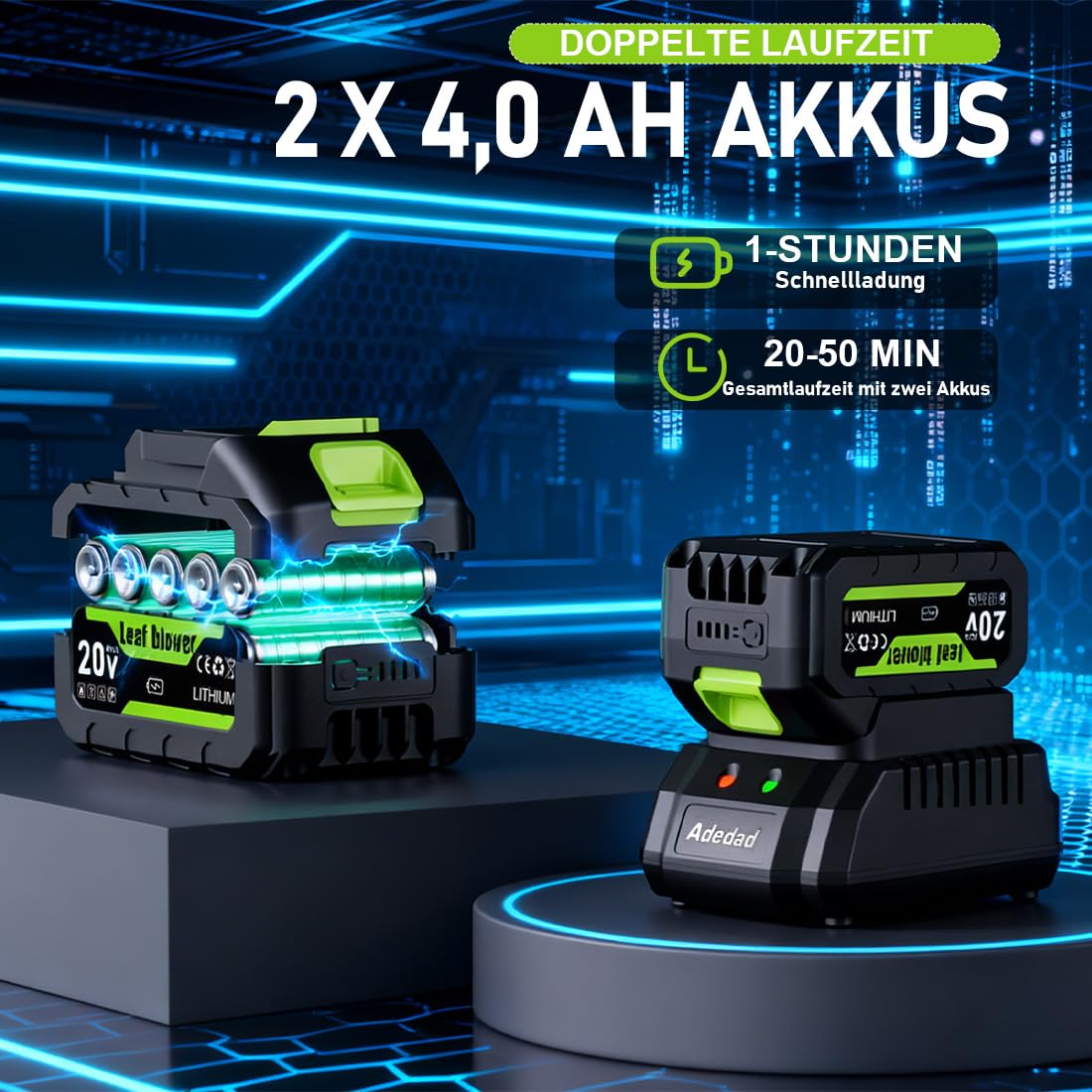 Akku Laubbläser 21V mit 2x4,0AH Akkus, 850m³/h Stufenlose Drehzahlregelung | Laubbläser Benzin Leistungsstarker Luftstrom von 220km/h für schnelles Entfernen von Laub, Staub und Grasschnitt