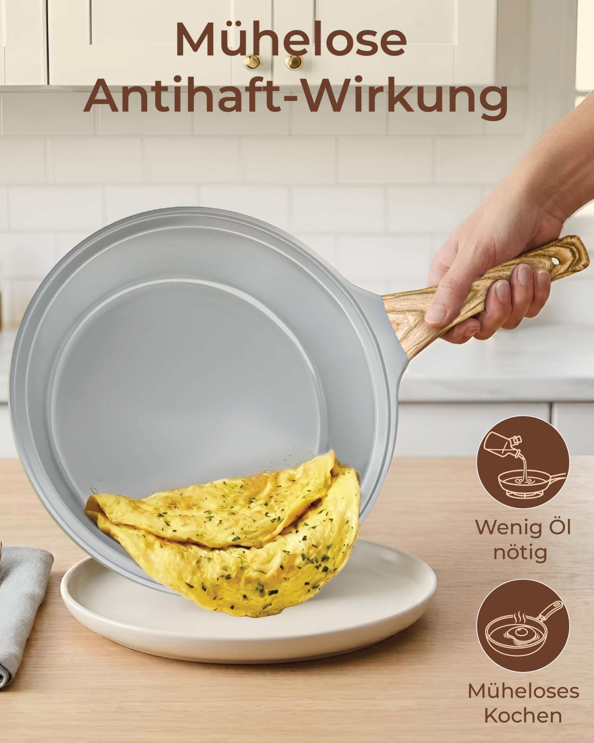 3-teiliges Keramik Antihaft Pfannenset 20/24/28 cm Hitzebeständig, PFOA & PTFE-frei, Induktion Geeignet, Keramik Beschichtung Bratpfanne, Bakelitgriff für Gesundes Kochen