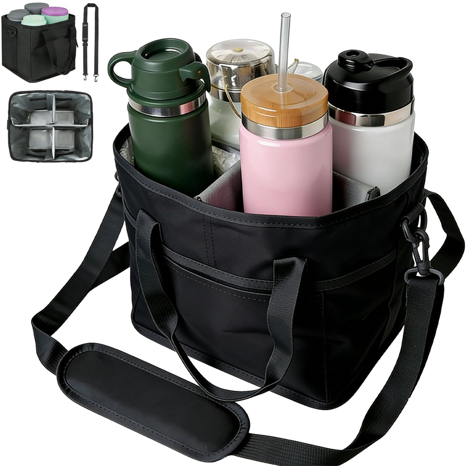 Isolierte Getränketasche, 4 Fächer, Tumbler Carrier Caddy mit verstellbarem Gurt für Wandern, Walking, Sport und den täglichen Gebrauch, idealer Wasserflaschenhalter