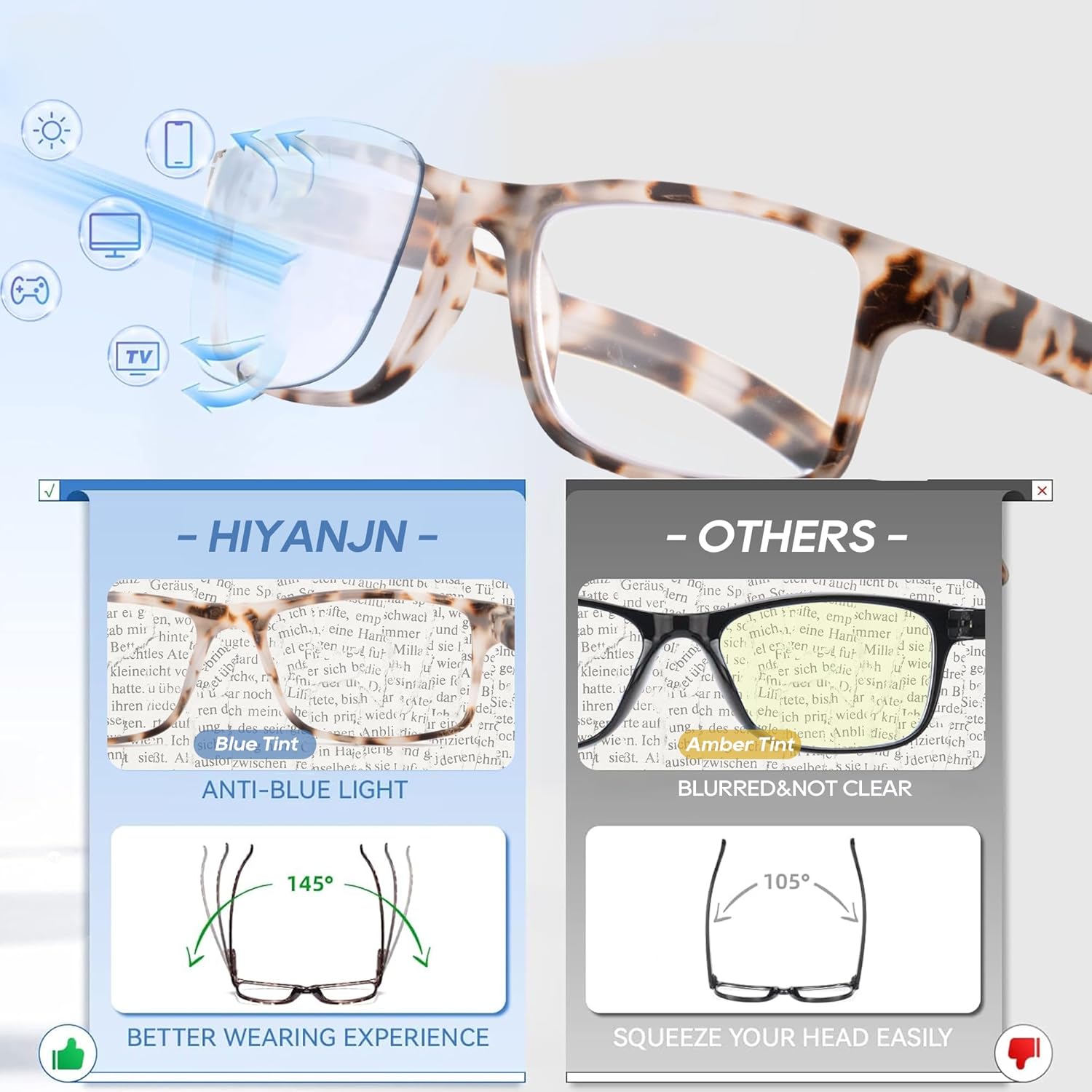 HIYANJN Blue Light Reading Glasses for Men Women Spring Hinge 5 Pack Computer Readers Rectangular Frame Eyeglasses - Image 6