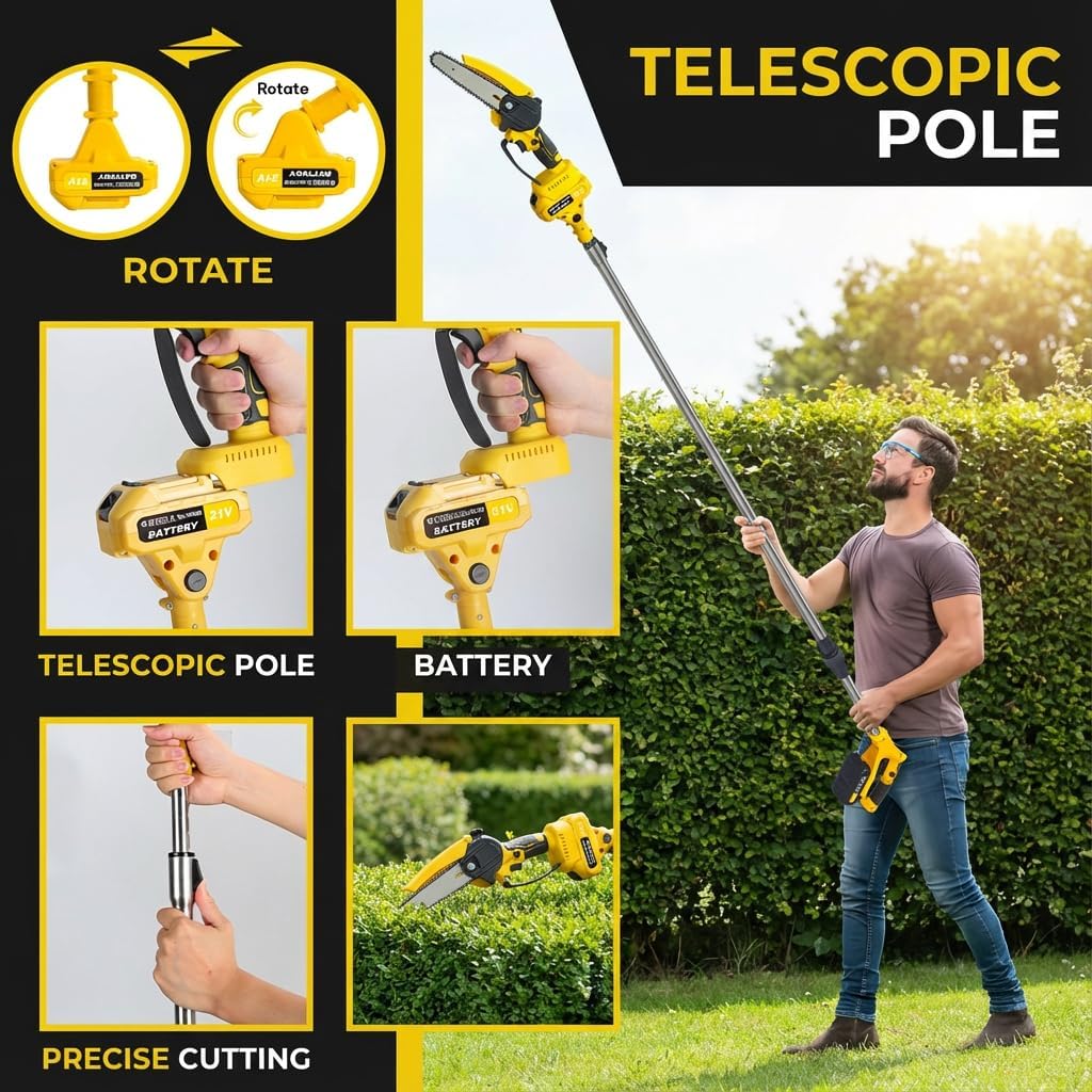 2-in-1 Cordless Pole Saw, Mini Chainsaw with 0.9-5.9ft Retractable Extension Pole for Tree Pruning, Brushless Electric Chain Saw with 2 x 1.5Ah Batteries, Handheld Chainsaw, Gift for Men Yellow